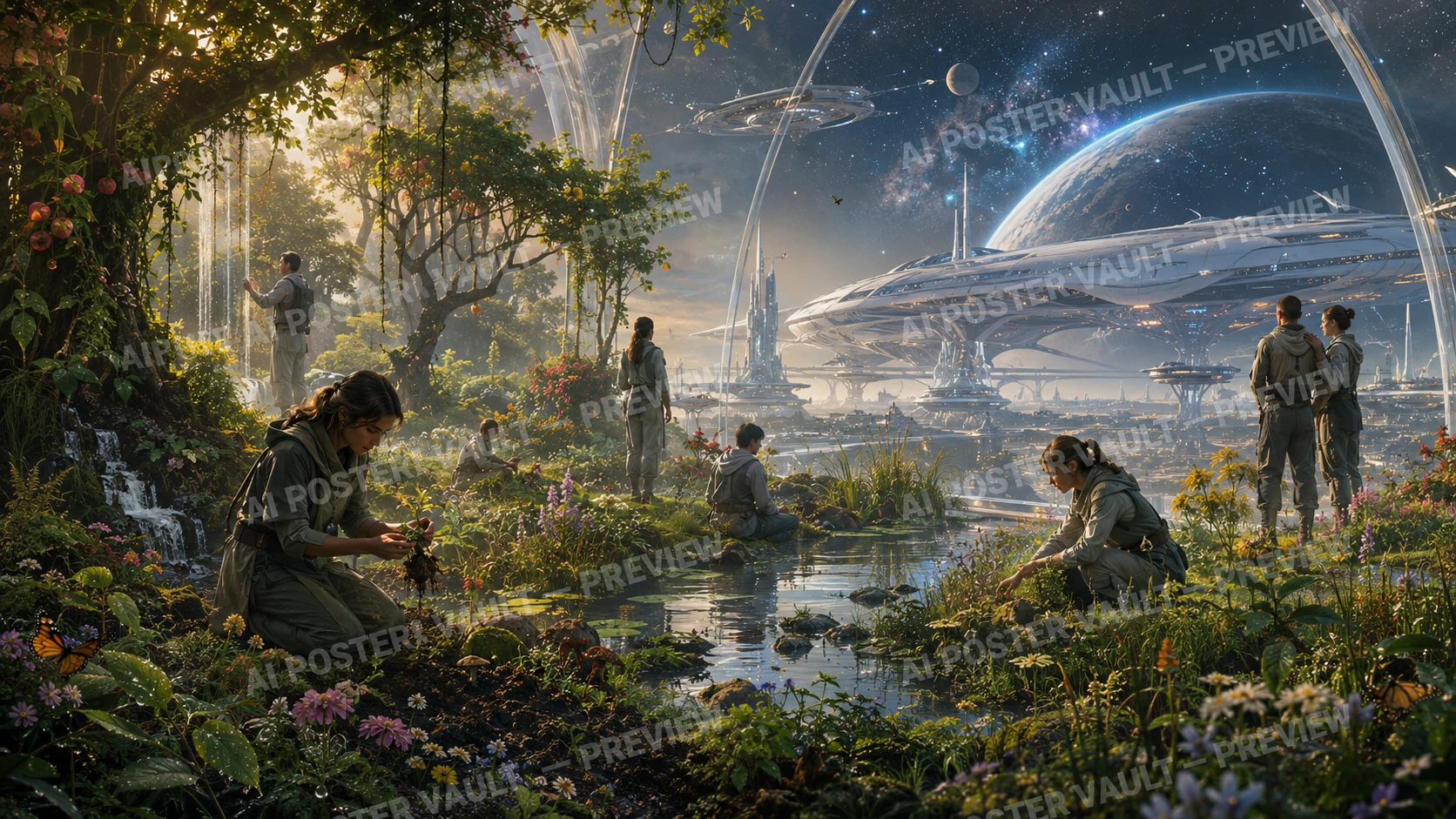 People tending a lush garden with butterflies and a waterfall while a futuristic space station and planet fill the starry sky beyond glass archways