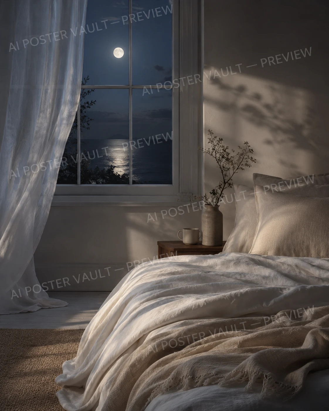 Moonlit bedroom with soft linen bedding beside a window overlooking the sea under a bright full moon