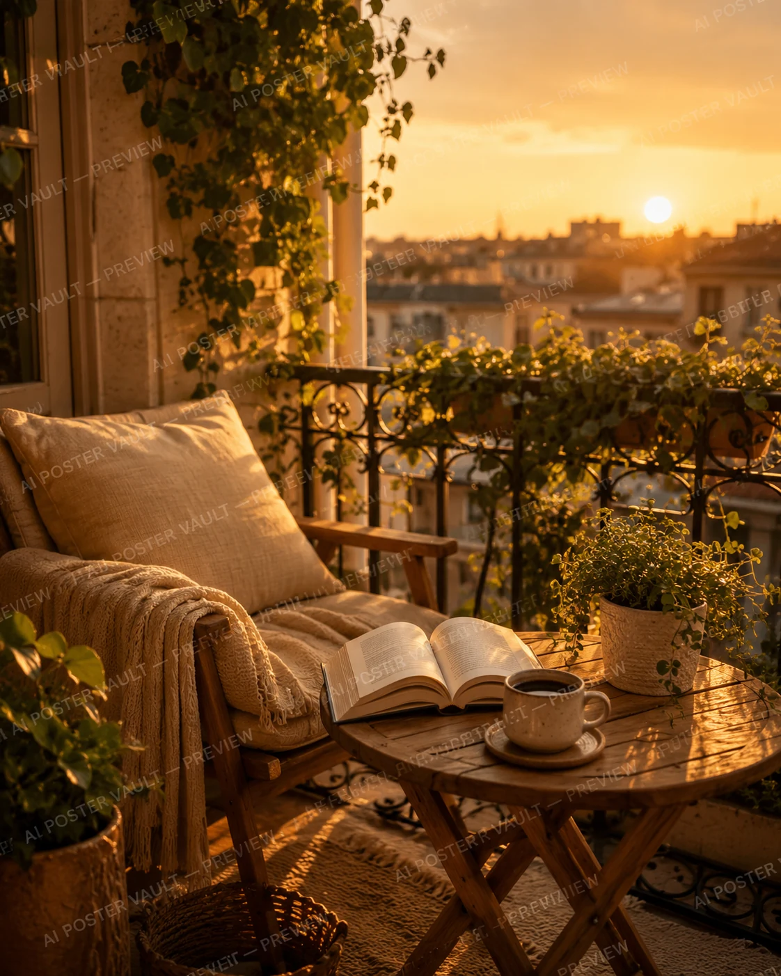Sunlit balcony with an open book, a cup of coffee and potted plants overlooking a city skyline at golden hour