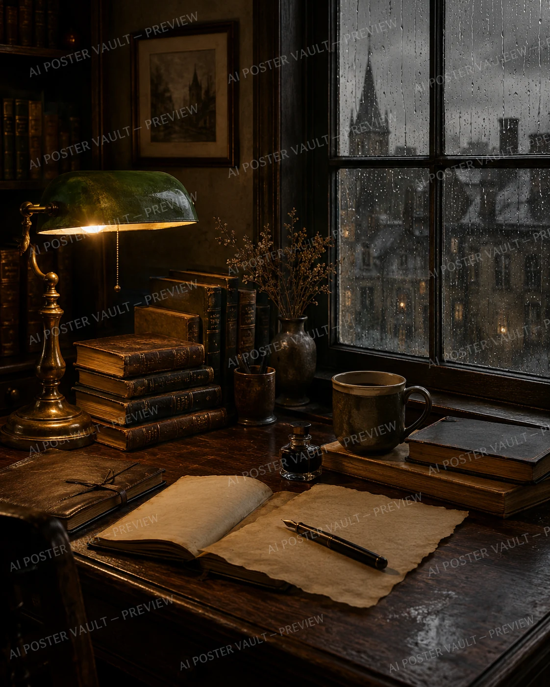 Vintage wooden desk with stacked leather books and a green banker's lamp beside a rain-streaked window