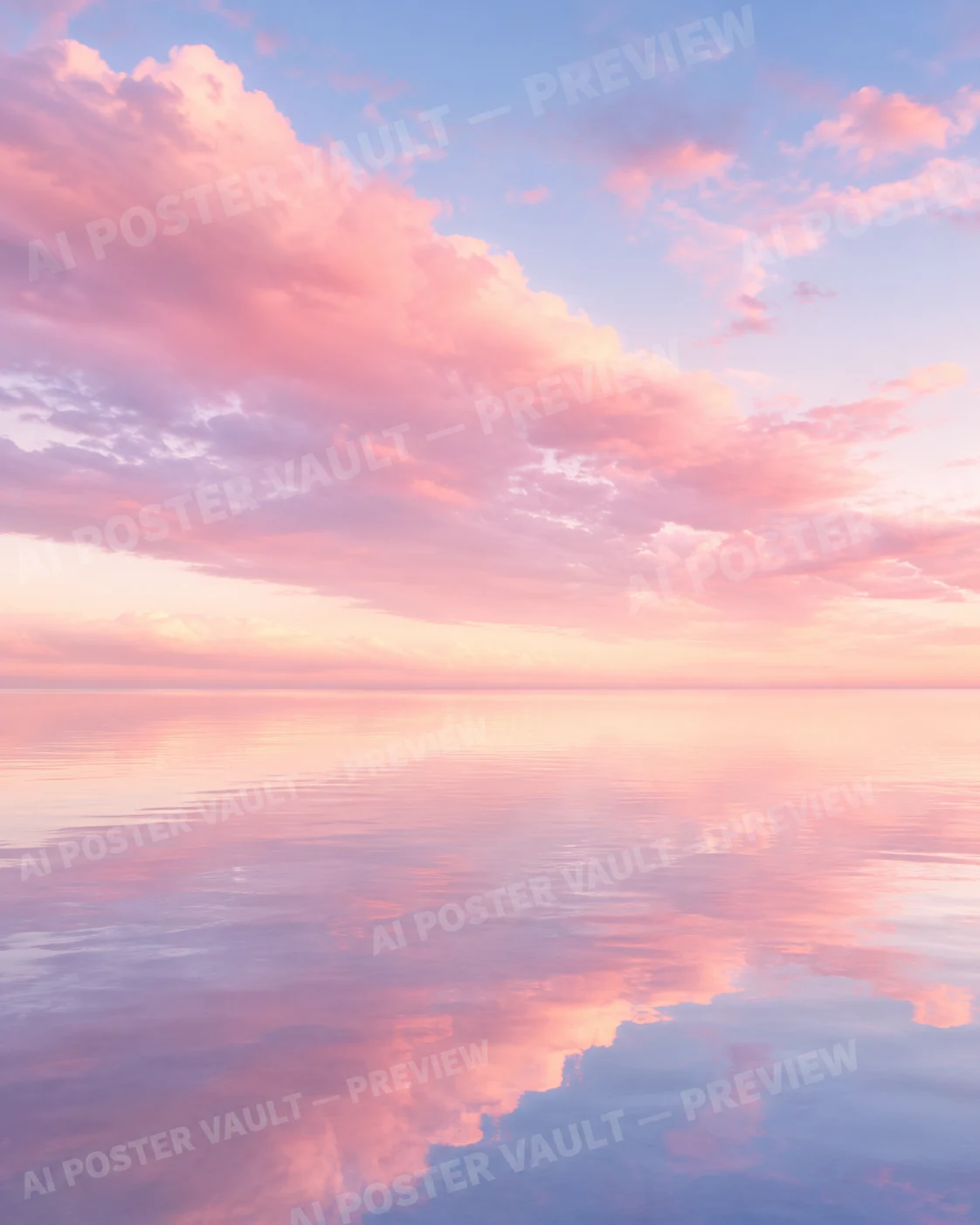 Soft pastel pink clouds drifting over a calm, mirror-like body of water at dusk