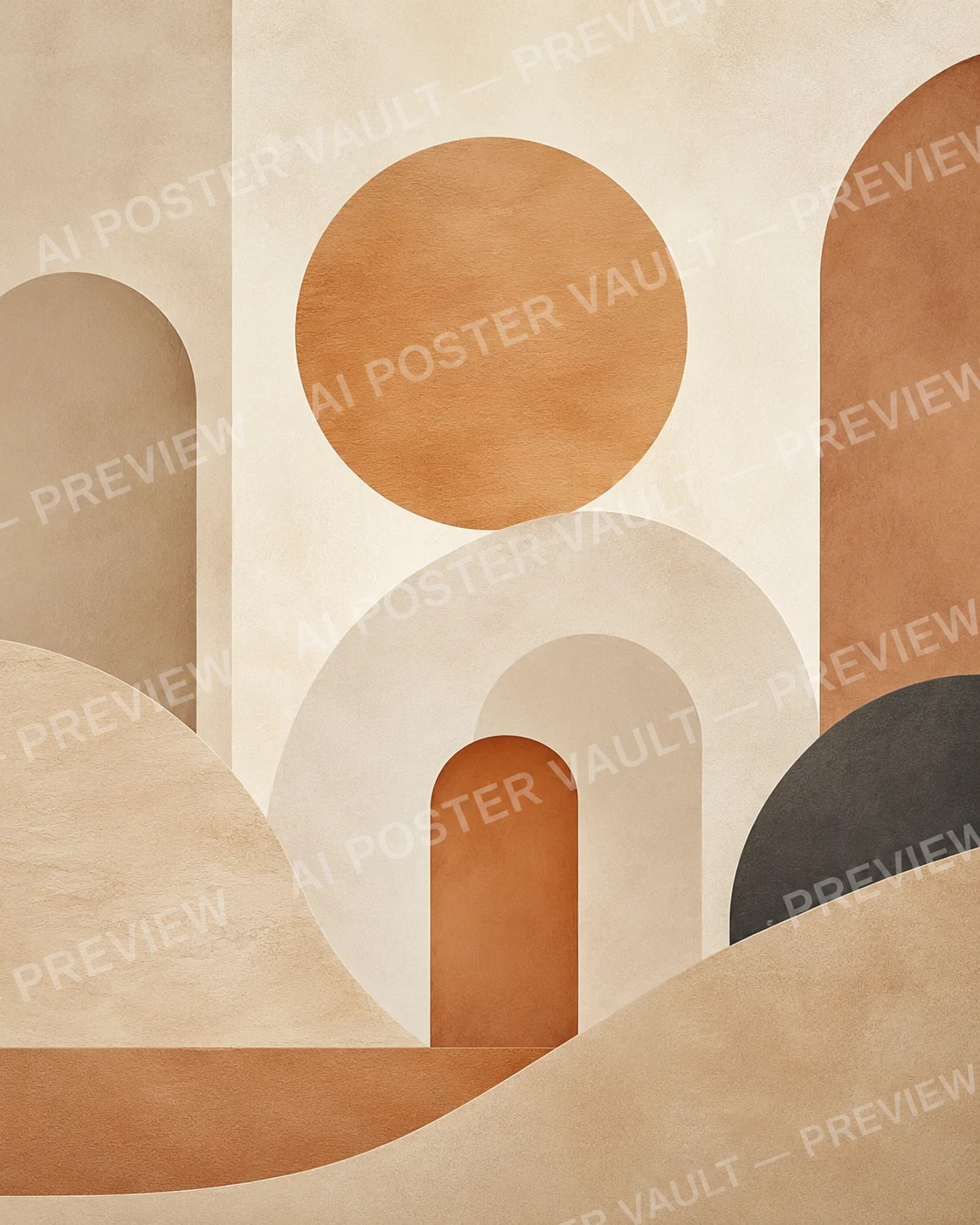 Abstract composition of layered arches and a circular sun shape in warm terracotta, beige and charcoal tones