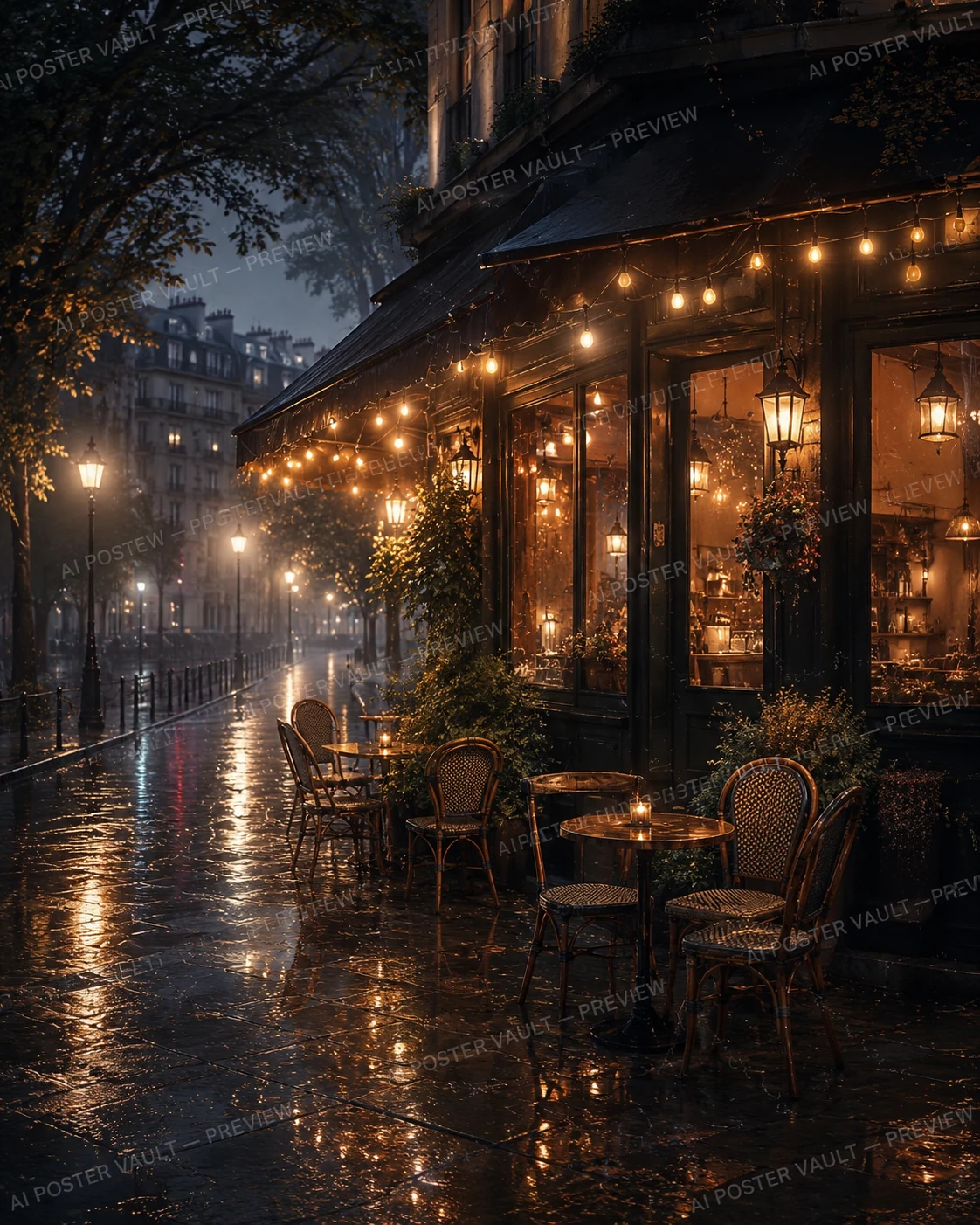 Warmly lit café storefront with string lights and rattan chairs on a rain-slicked European street at night