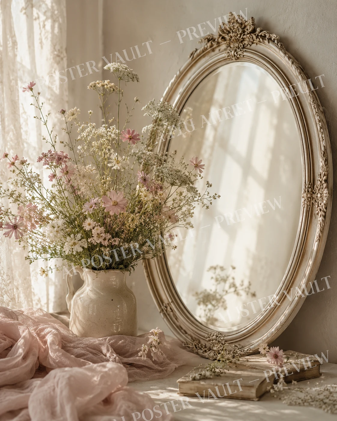Ornate vintage oval mirror beside a vase of pink and white wildflowers on a sunlit windowsill