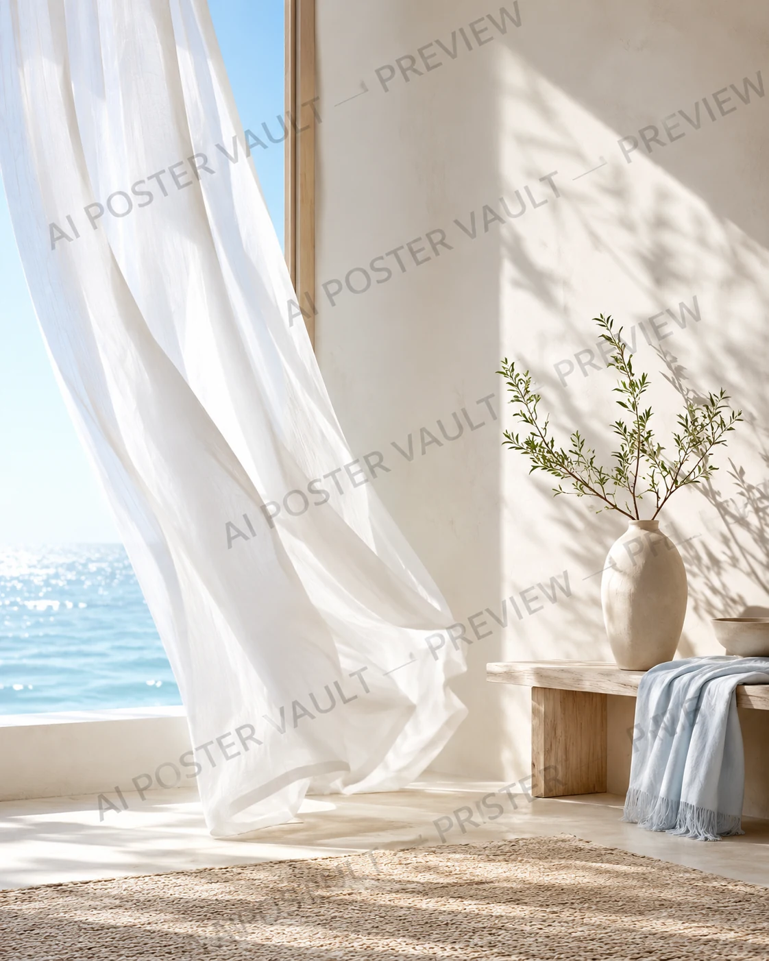 White sheer curtain billowing in front of an open window with a bright ocean view and sunlit plaster wall