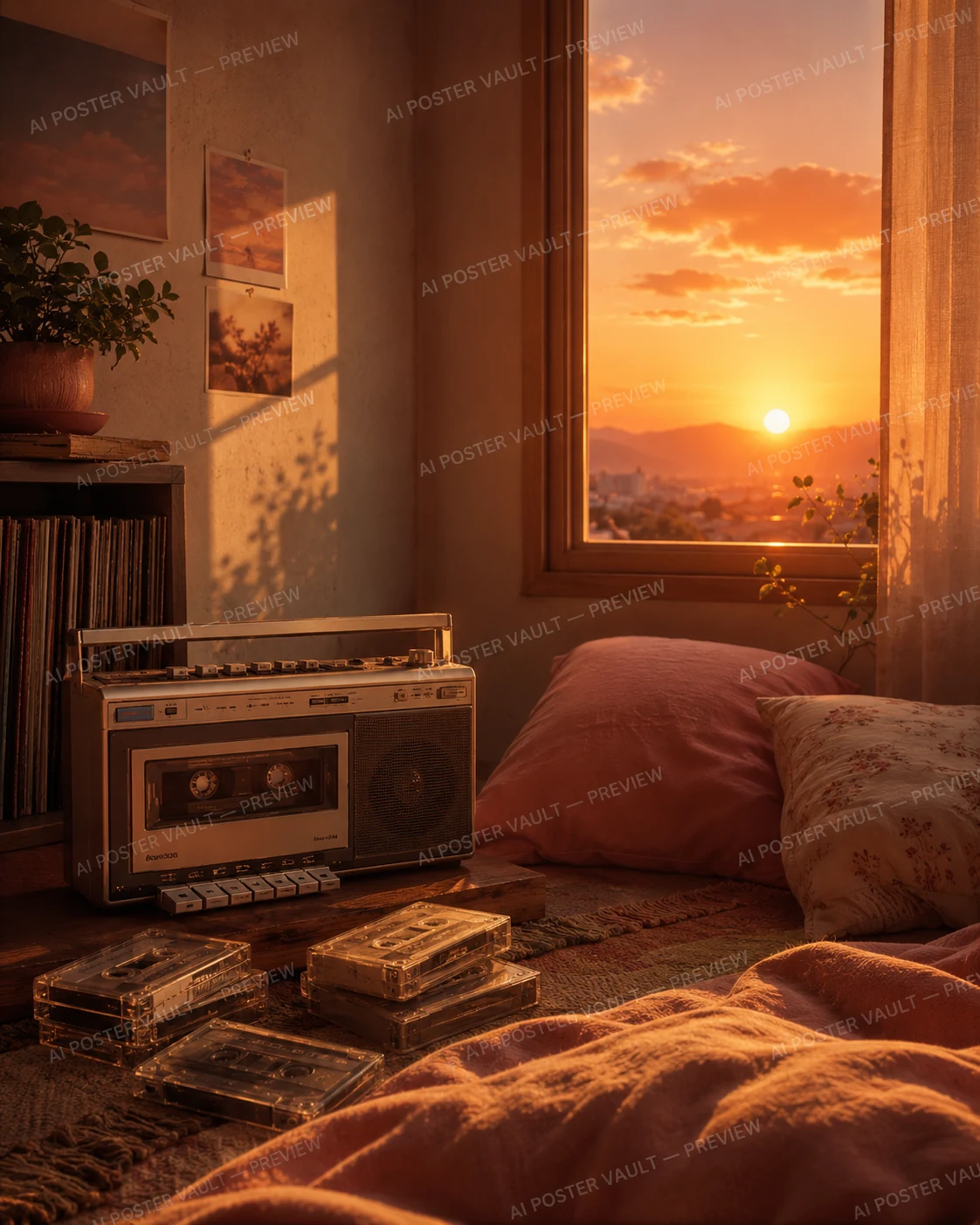 Vintage cassette player and scattered tapes on a low table beside a sunset window in a warmly lit bedroom