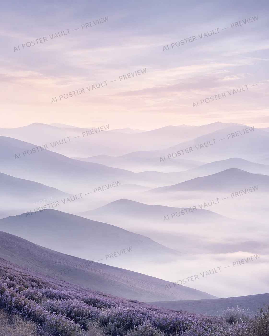 Layered hills fading into soft lavender mist at dawn with a foreground of purple heather