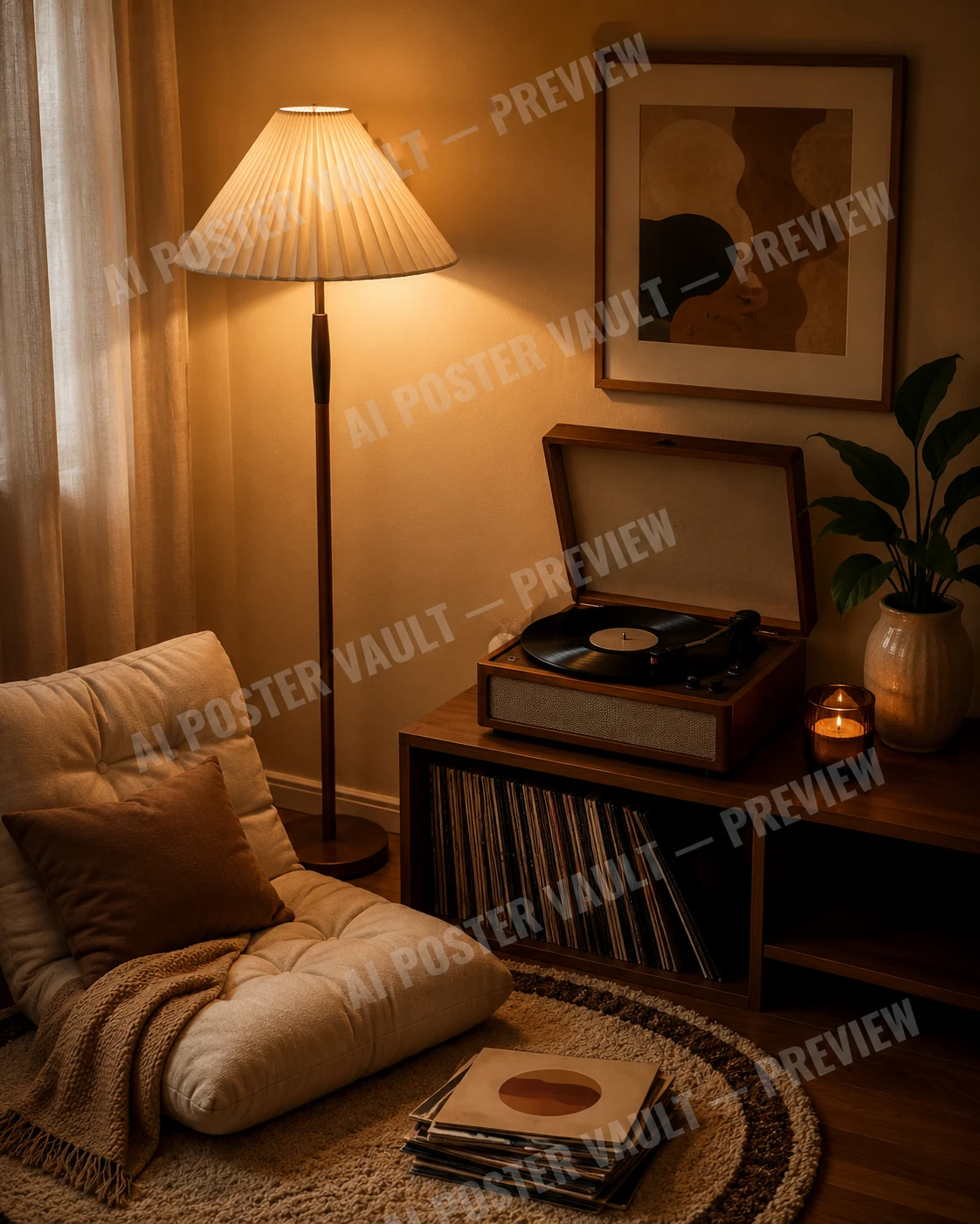 Warm pleated floor lamp glowing beside a vintage record player and a shelf of vinyl records