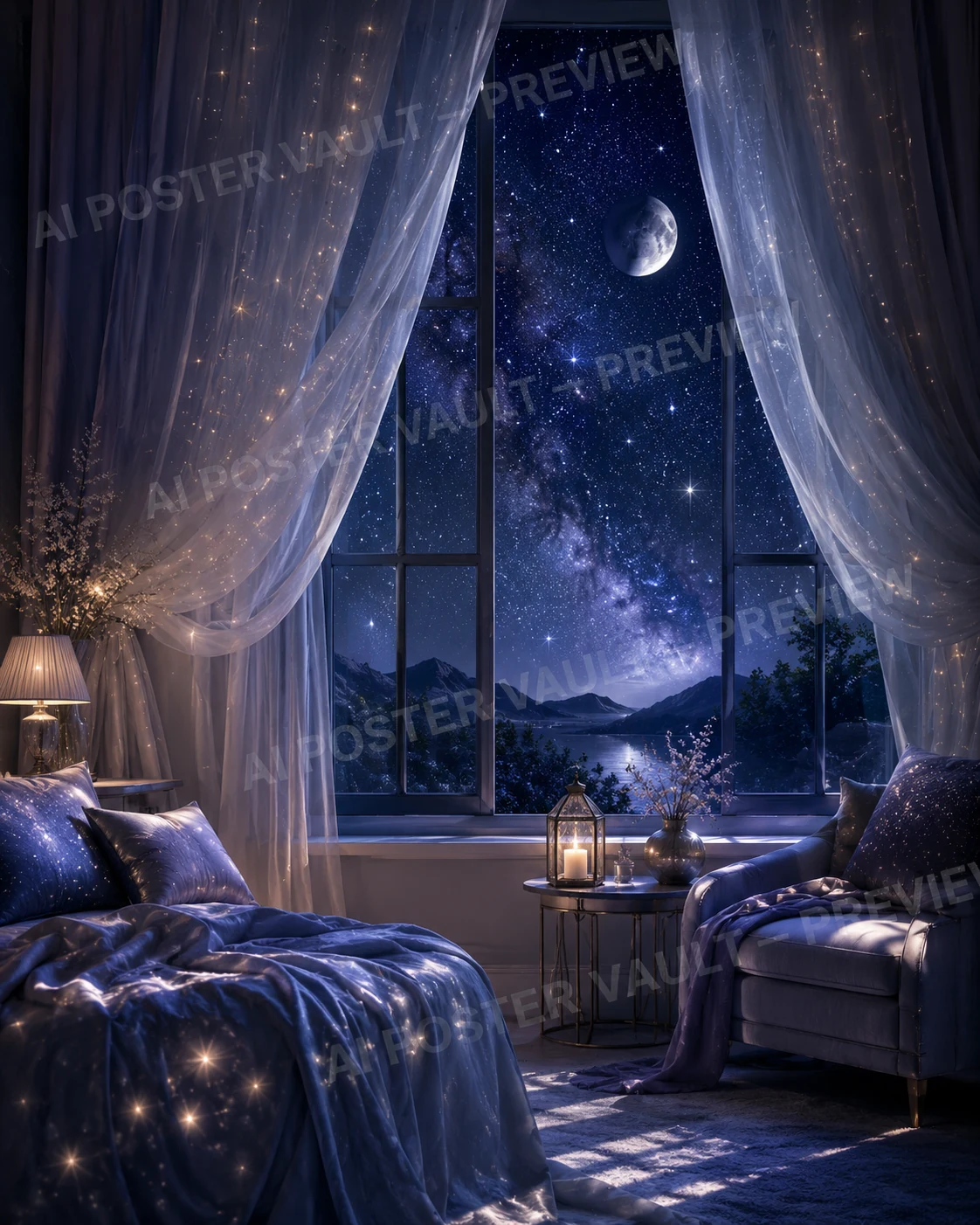Sheer curtains framing a window filled with stars, the Milky Way and a crescent moon over distant mountains