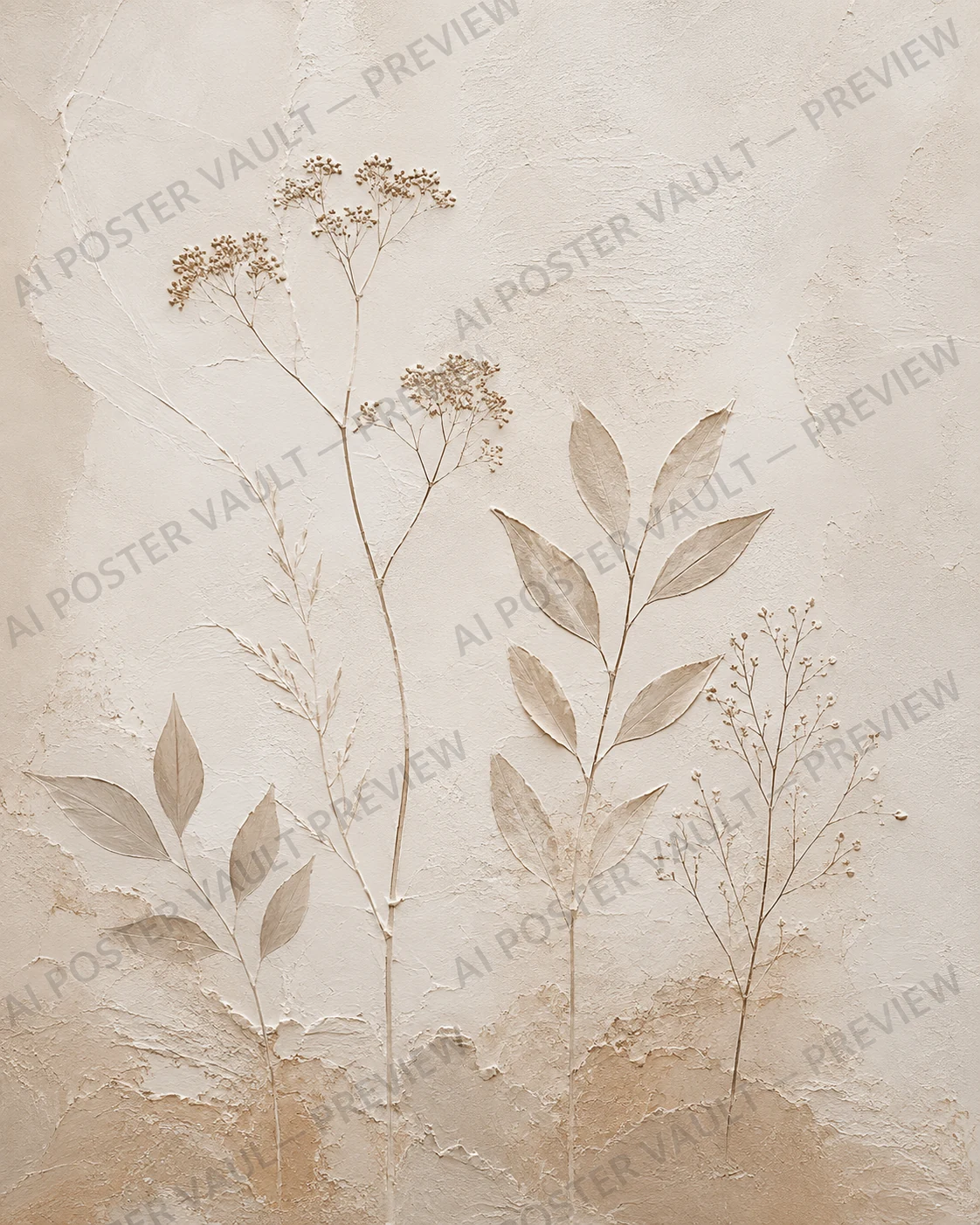 Pressed leaf and stem silhouettes rendered in beige tones against a textured plaster-like surface