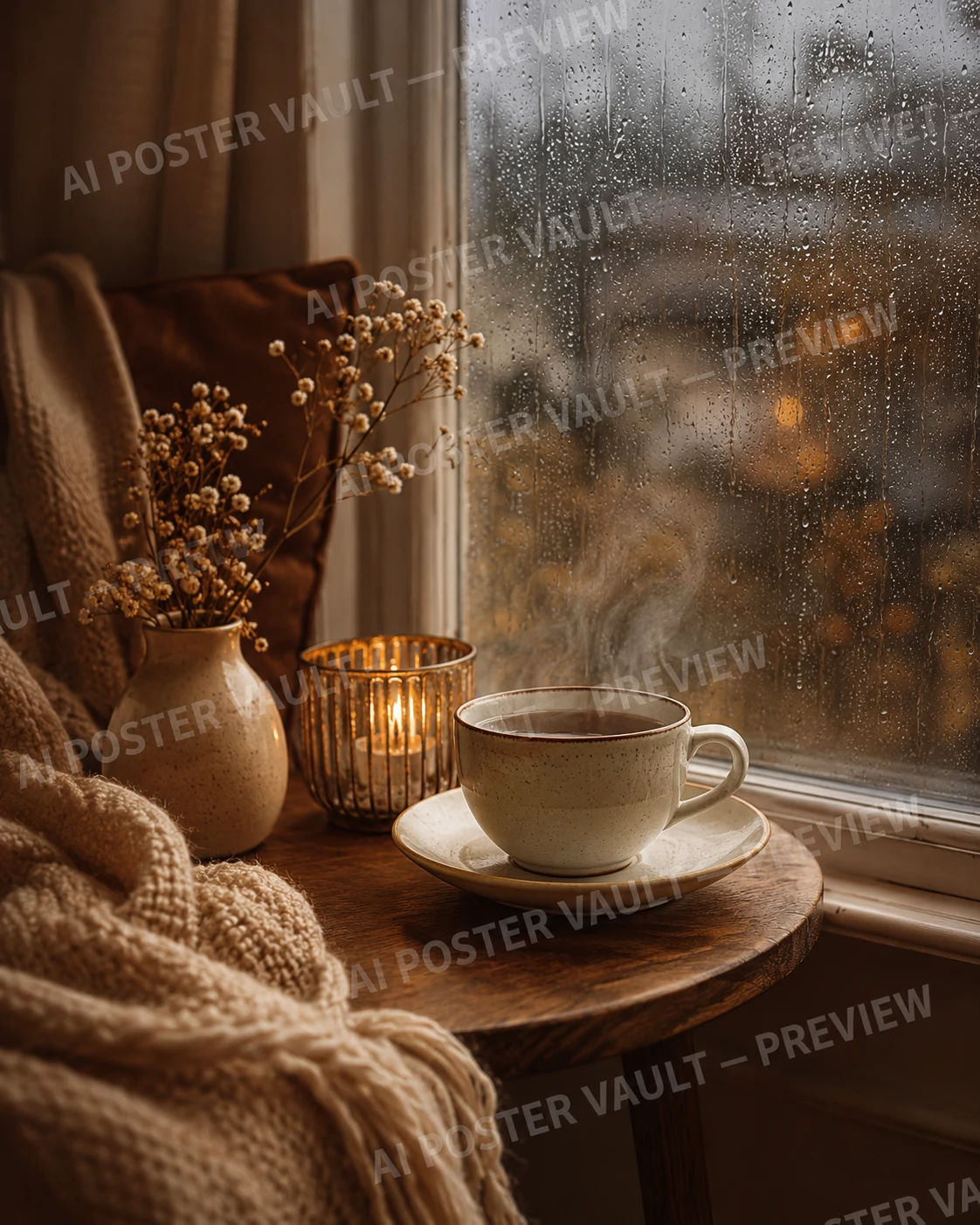 Steaming cup of tea on a small wooden table beside a rain-streaked window with a lit candle and knit blanket