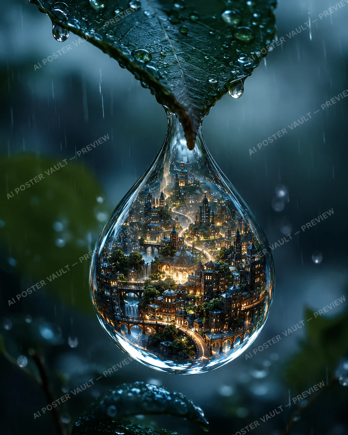 Surreal miniature illuminated city inside a transparent raindrop suspended from a green leaf
