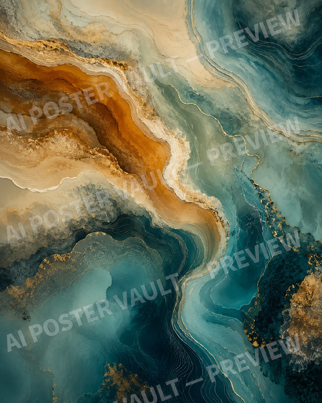 Tidal Layers of Amber and Teal abstract printable digital artwork