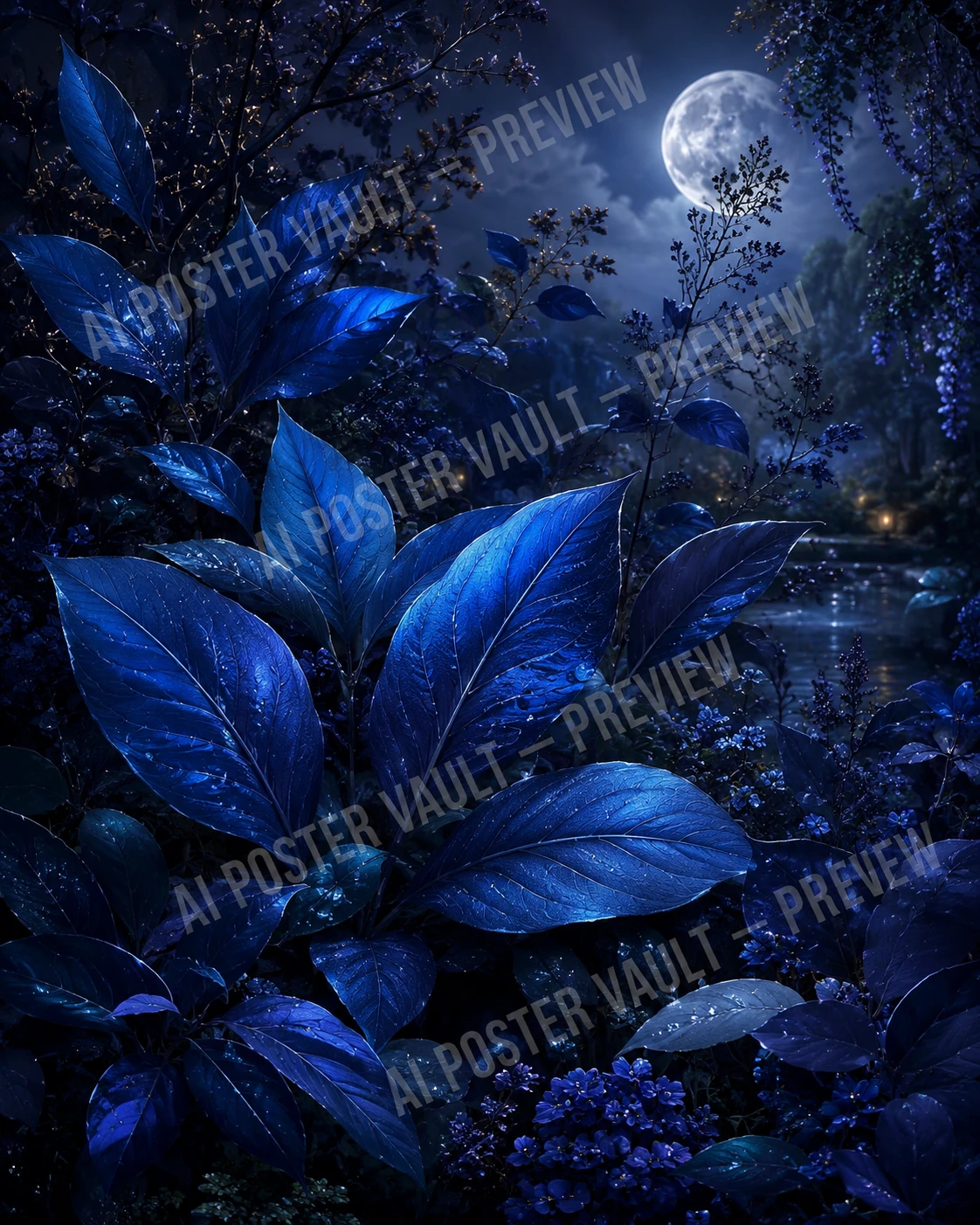 Midnight Garden of Sapphire Leaves botanical printable digital artwork