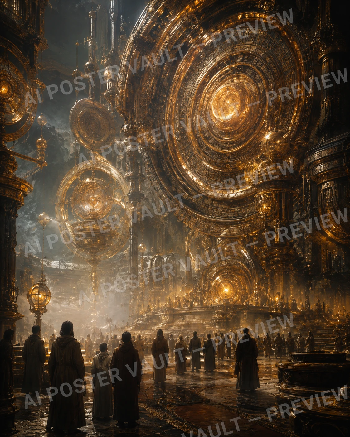Pilgrims Before the Golden Memory Engines surreal printable artwork
