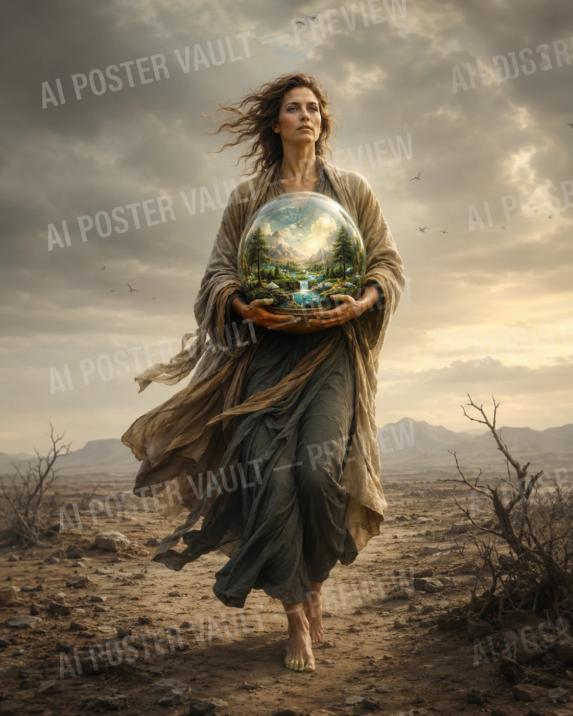 The Woman Who Carried the Last Living World surreal environmental artwork