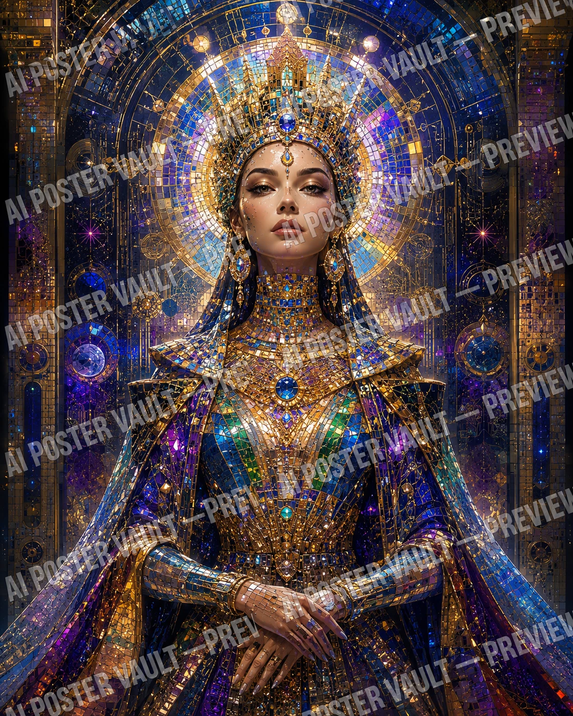 Surreal futuristic mosaic empress formed from glowing glass fragments and royal digital patterns
