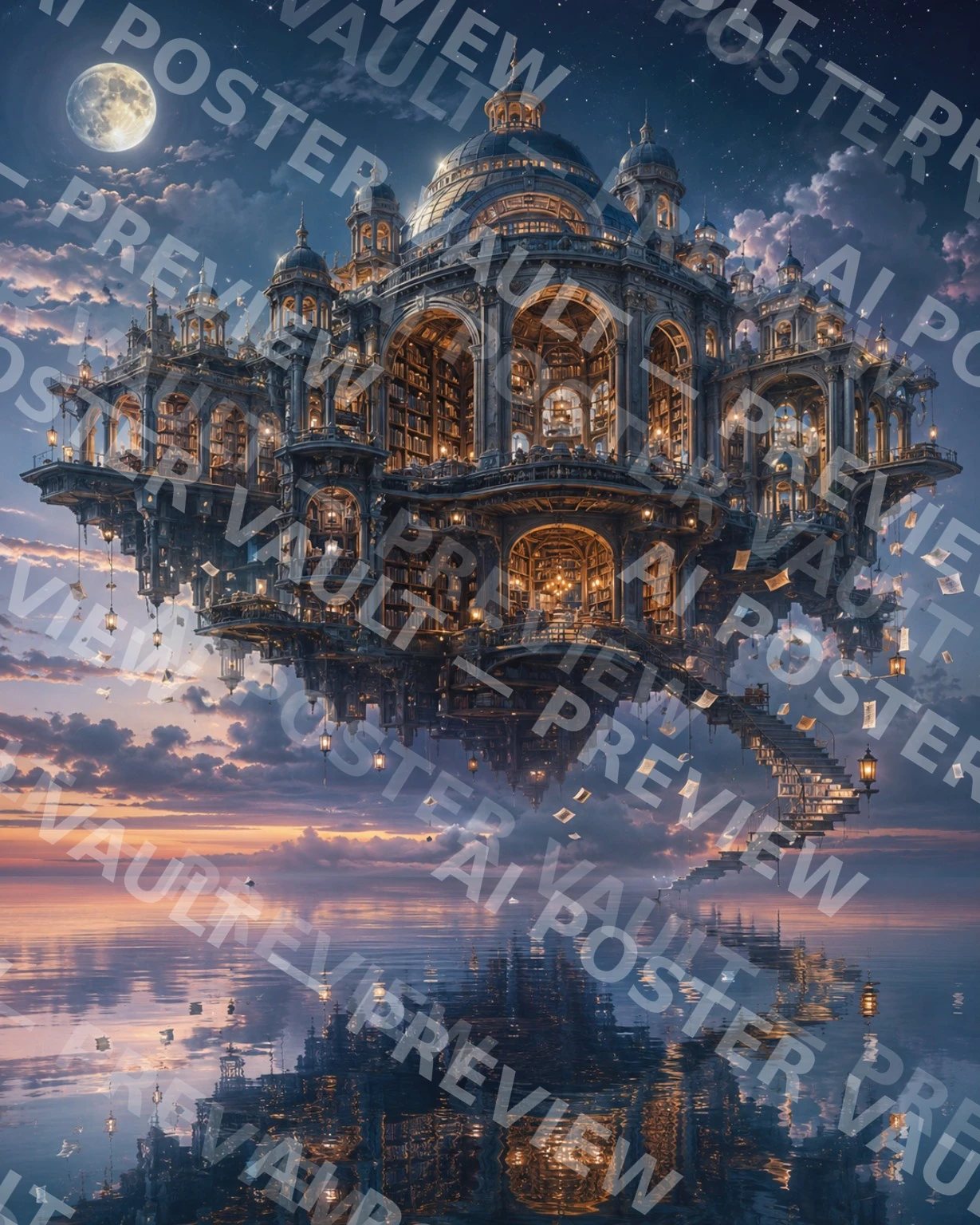 Surreal ancient library floating above a silent ocean with glowing windows and twilight reflection