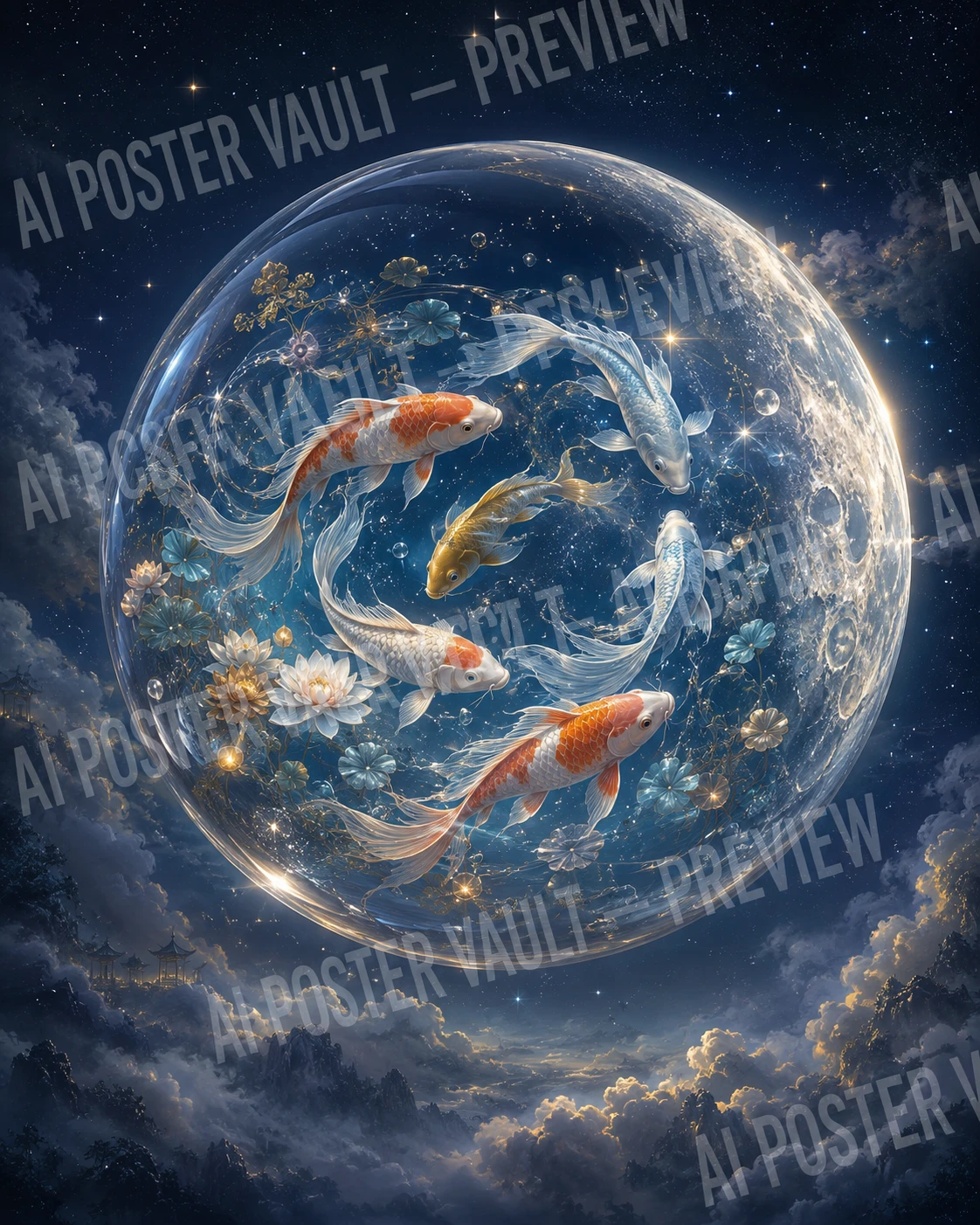 Surreal glass moon with graceful koi fish swimming inside a celestial night sky