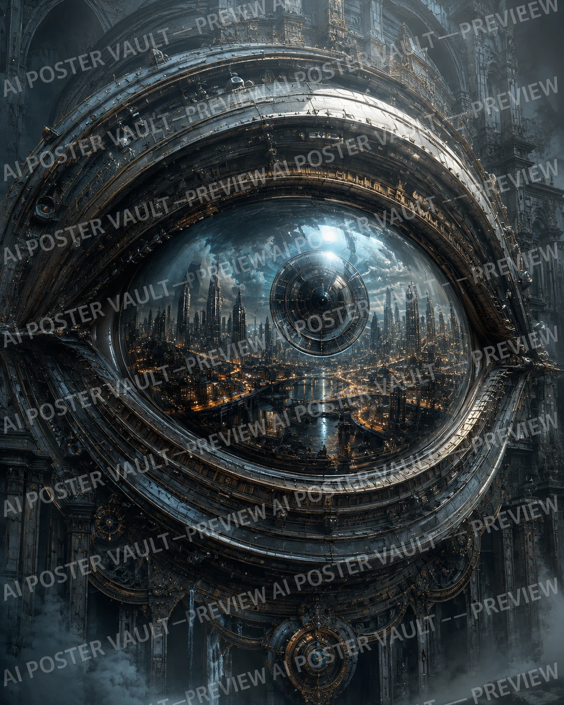 Surreal futuristic city reflected inside a giant detailed mechanical eye