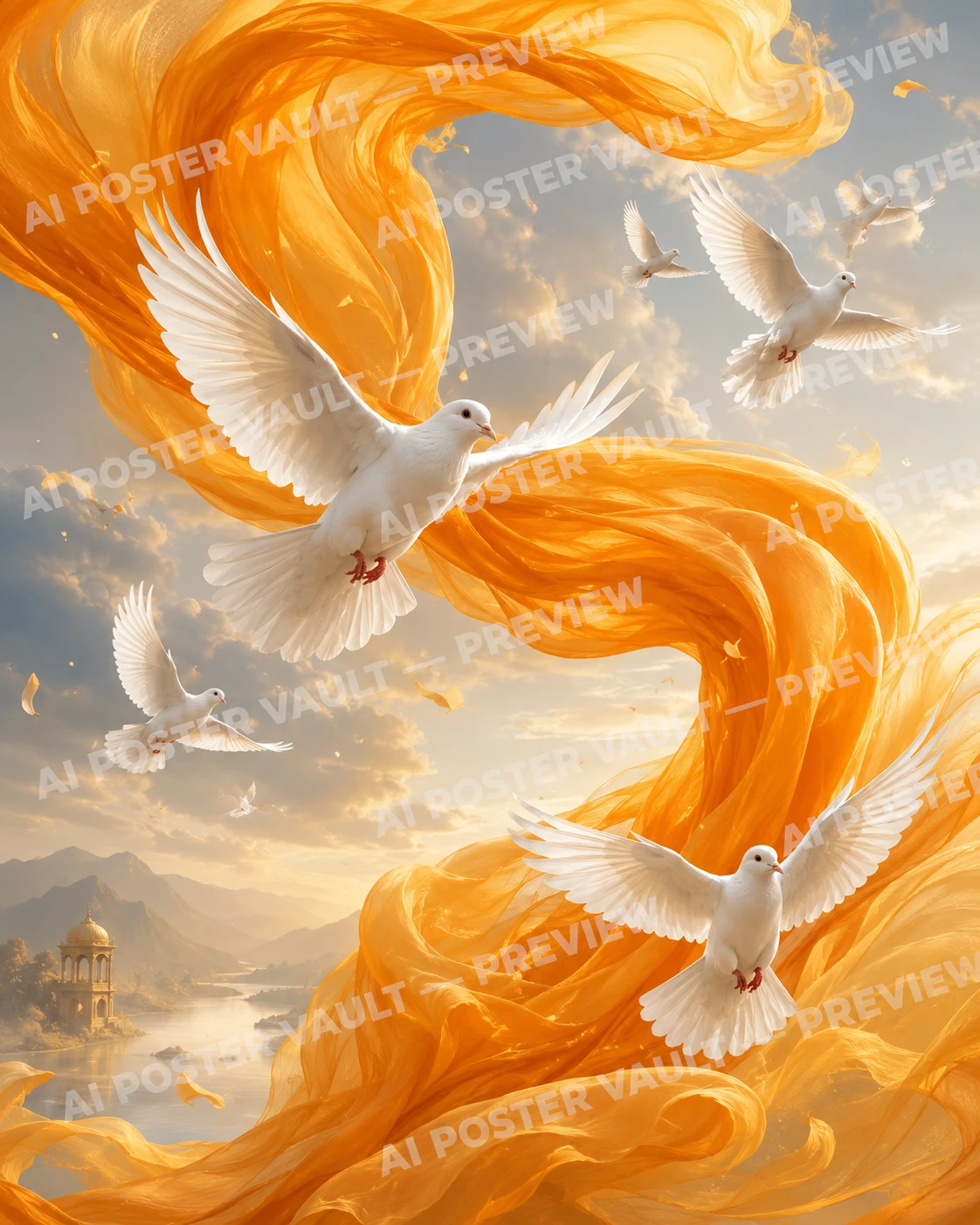 Elegant saffron wind-like fabric flowing through a peaceful sky with white doves in flight