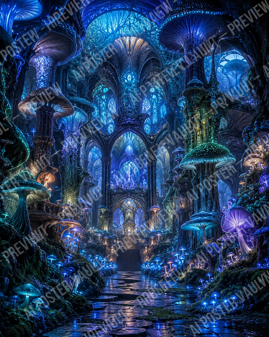 Bioluminescent mushroom forest forming cathedral-like arches with glowing spores and mystical light