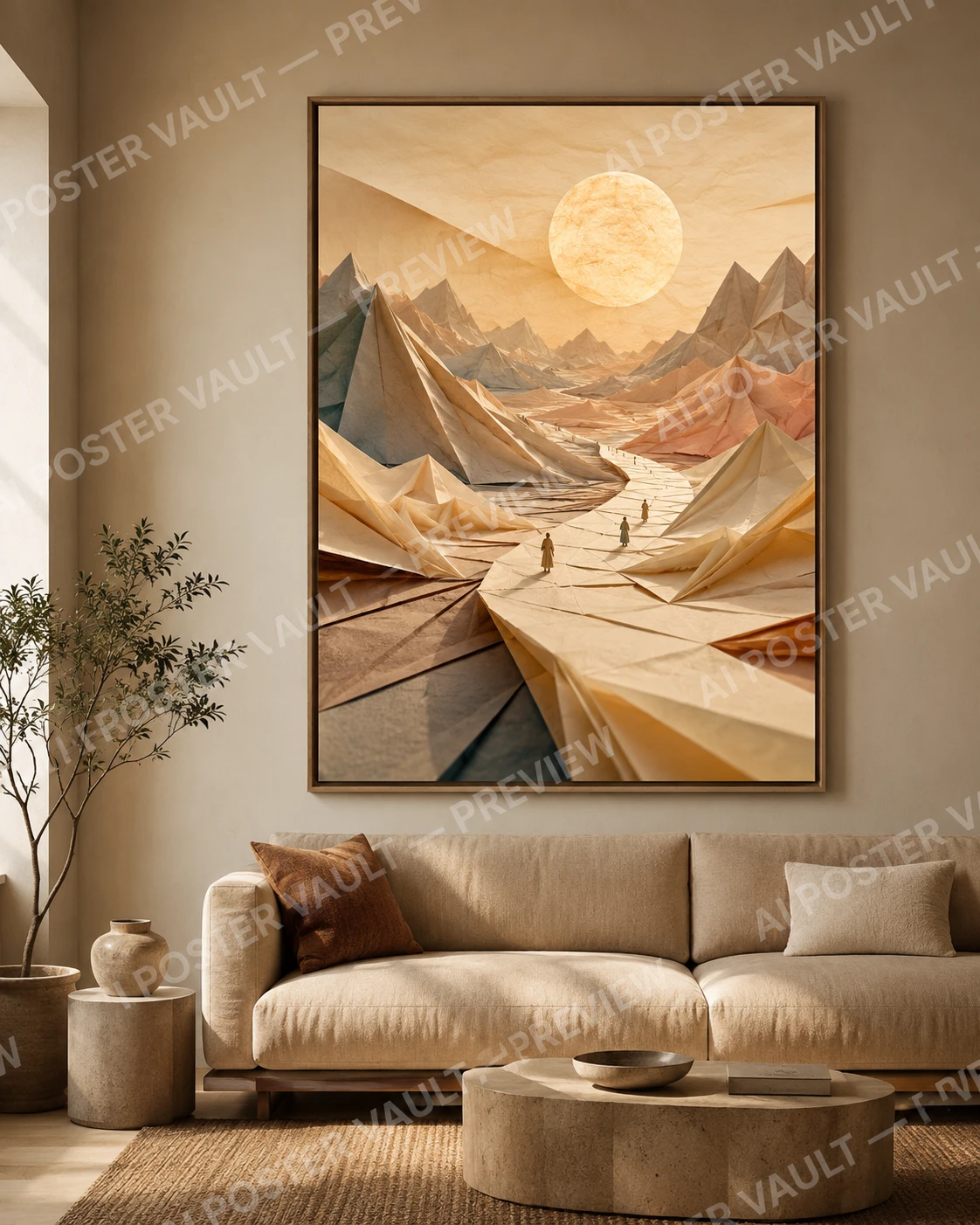 Surreal folded paper desert landscape with origami dunes, paper mountains and warm glowing light