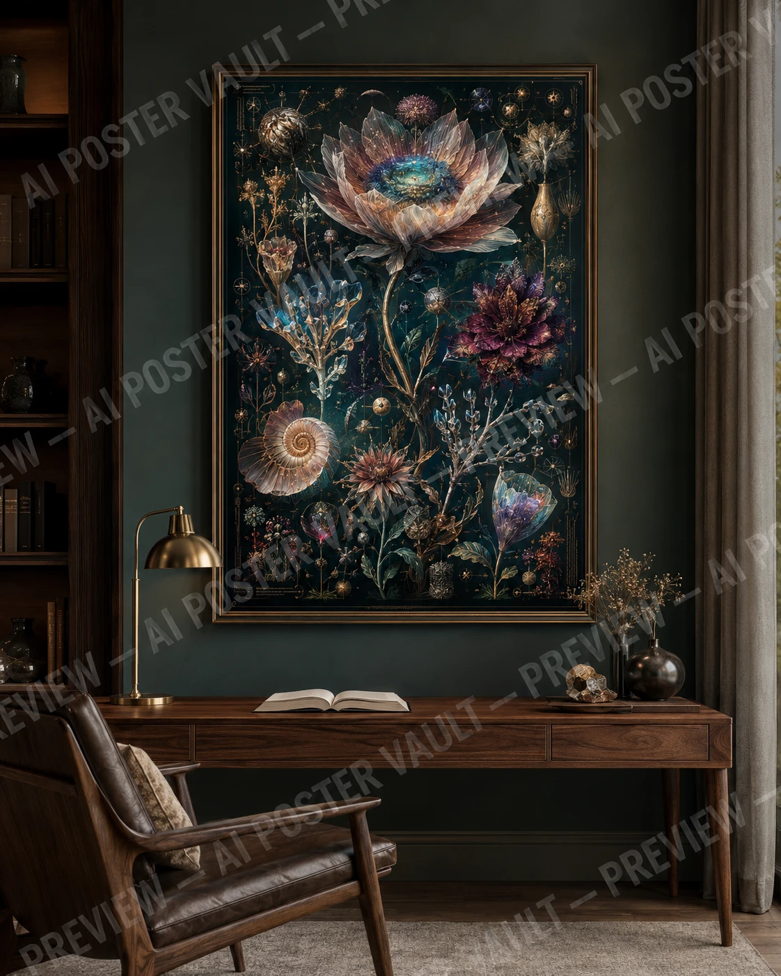 Surreal botanical atlas of impossible flowers with translucent petals, crystalline branches and luminous plant forms