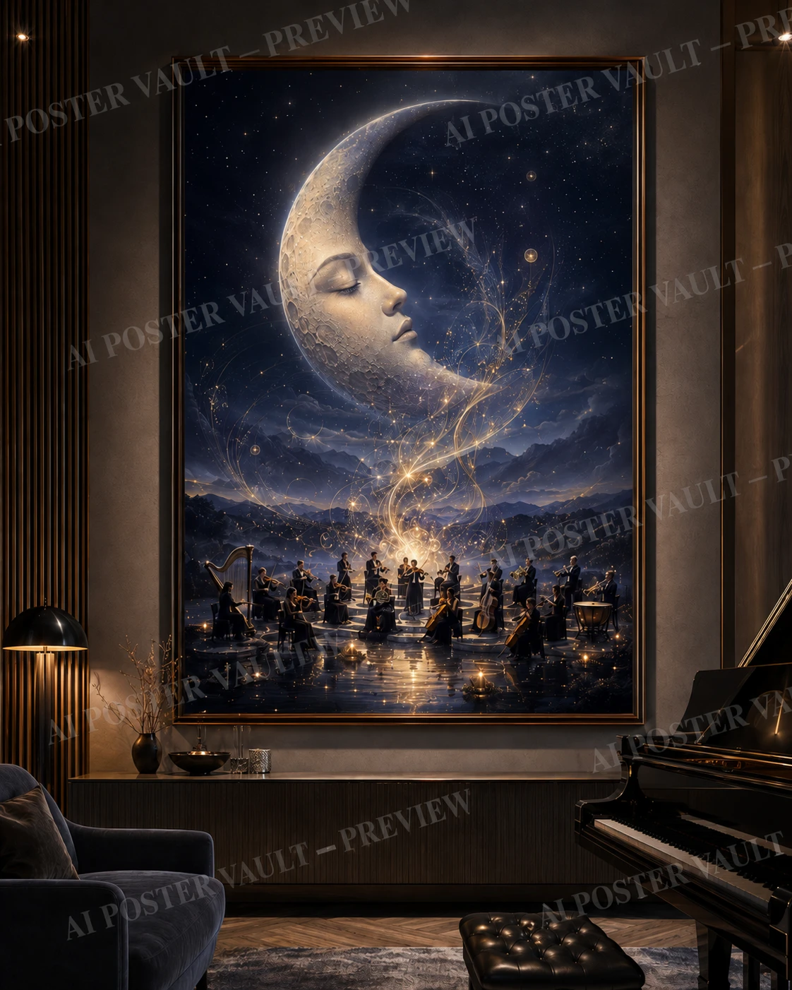 Surreal orchestra performing beneath a monumental sleeping crescent moon with luminous ribbons of light