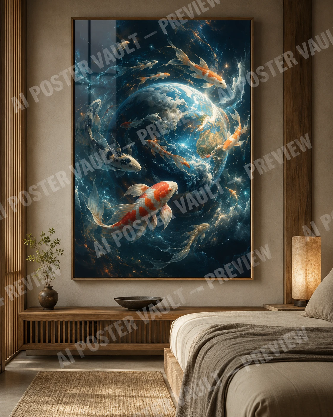 Surreal planet surrounded by migrating koi fish swimming through a peaceful celestial ocean