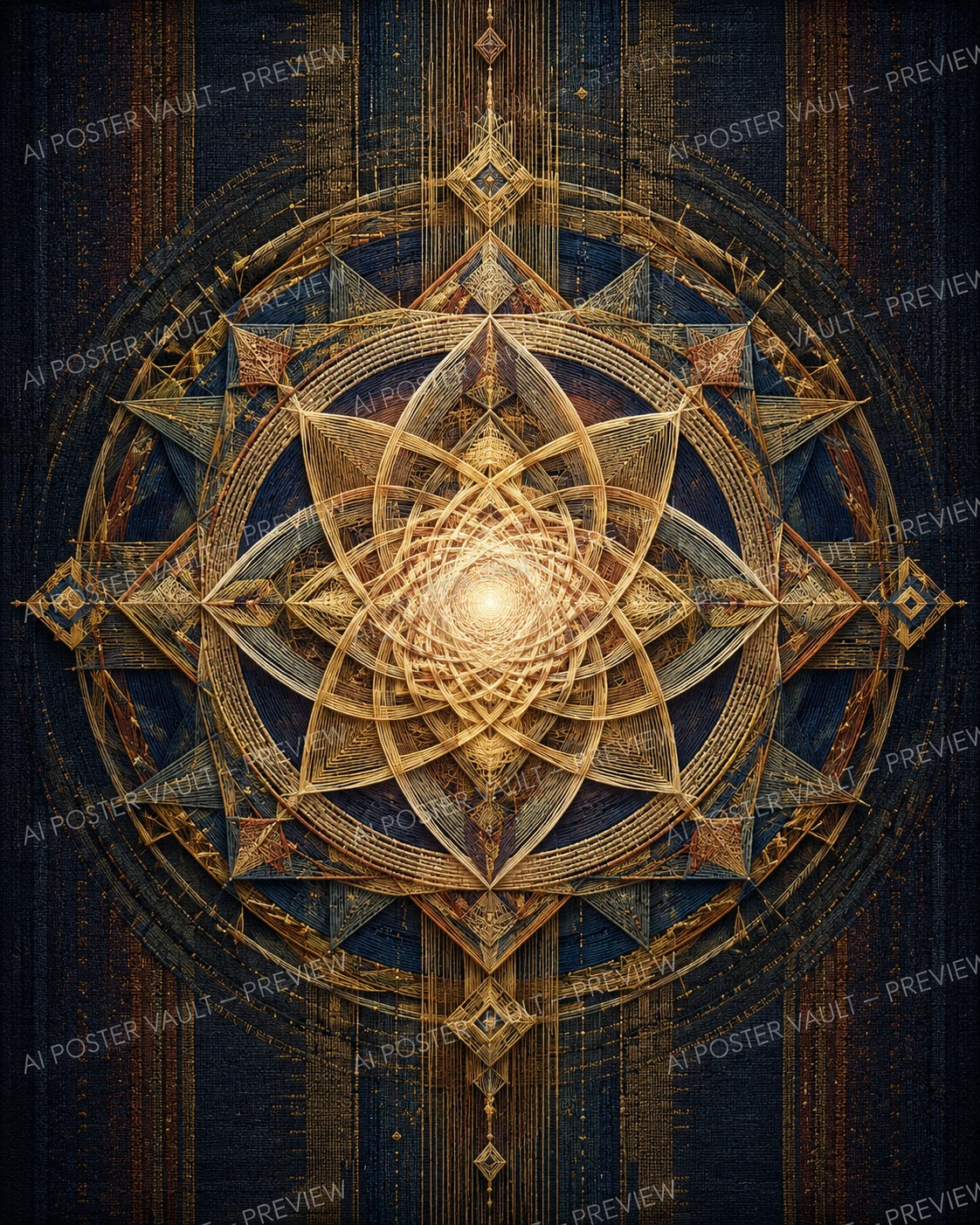 Elegant sacred geometry mandala formed from woven luminous gold threads on a deep indigo textured background
