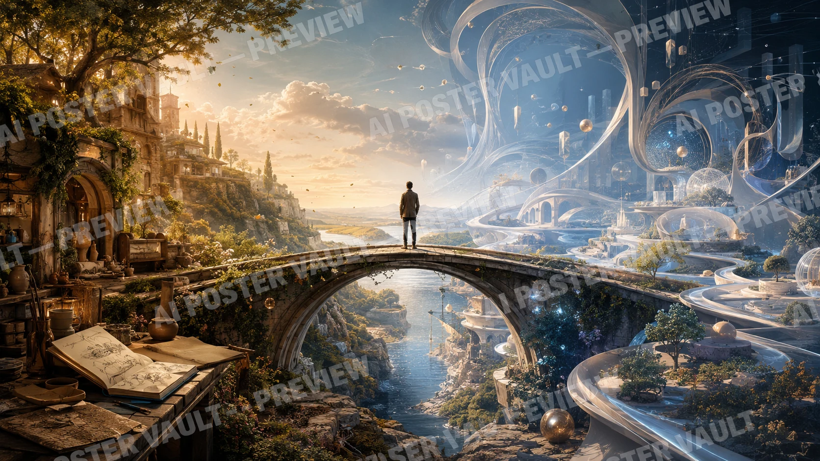 A traveller standing on a stone bridge that connects an old handcrafted world on one side to a glowing futuristic AI-generated city on the other