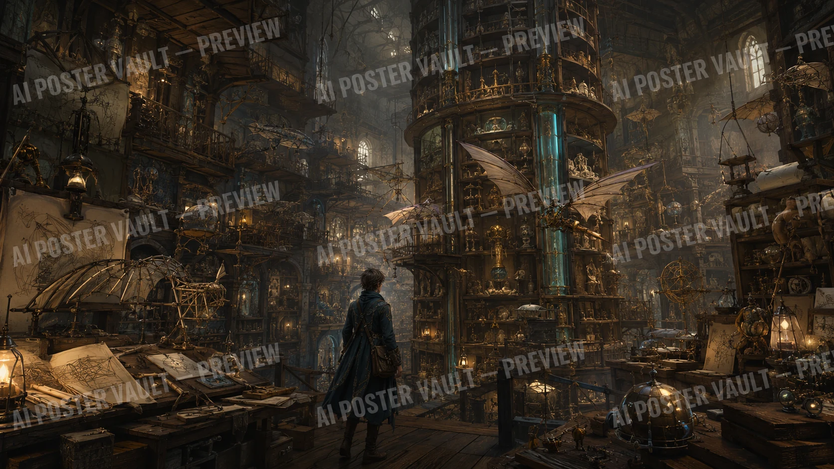 A robed figure exploring a vast candlelit archive tower filled with unfinished mechanical inventions, sketches and skeletal flying machines