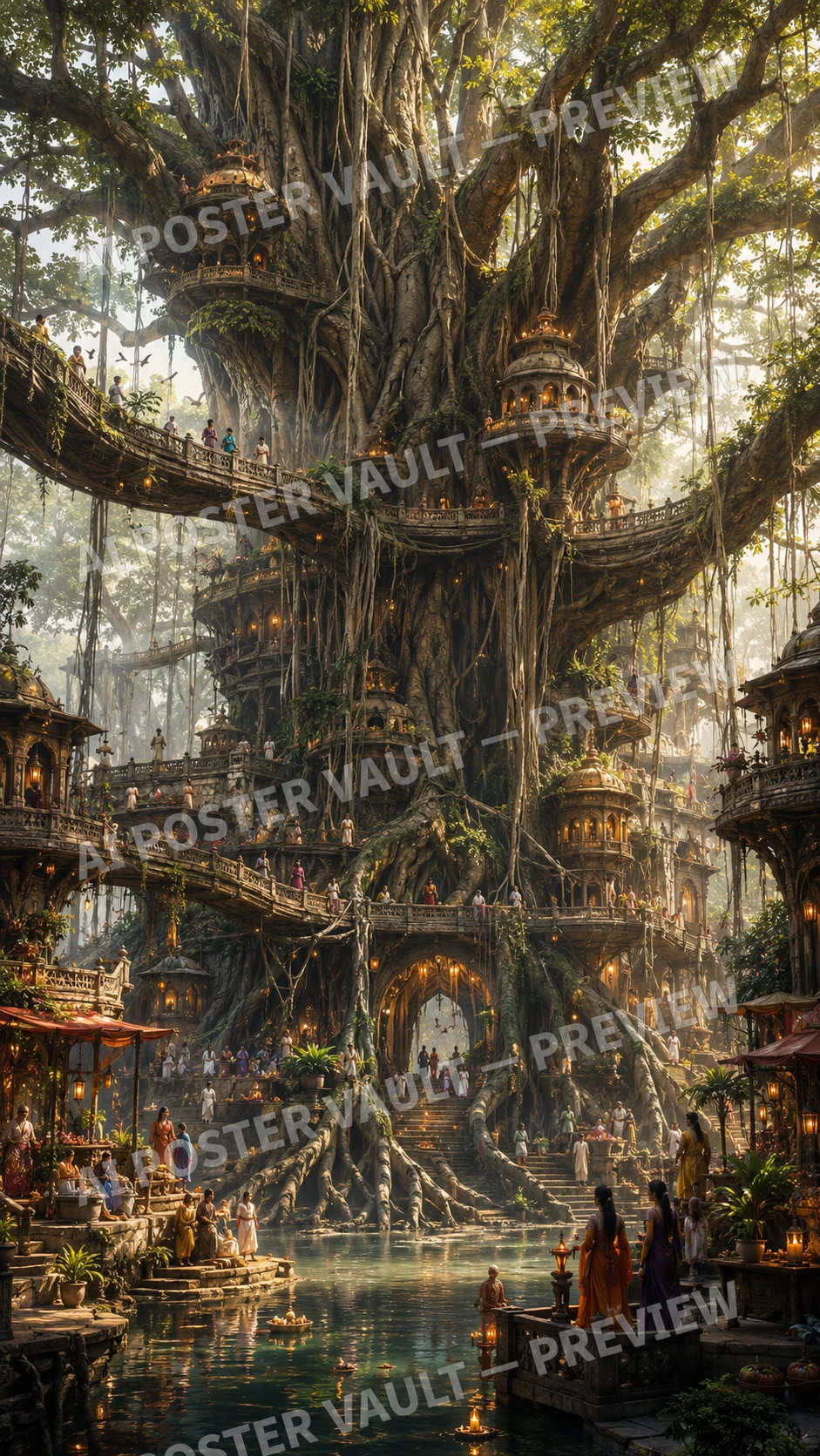 An ancient fantasy city with golden temple towers and bridges built into the trunk and branches of an enormous sacred banyan tree above a lamplit water pool