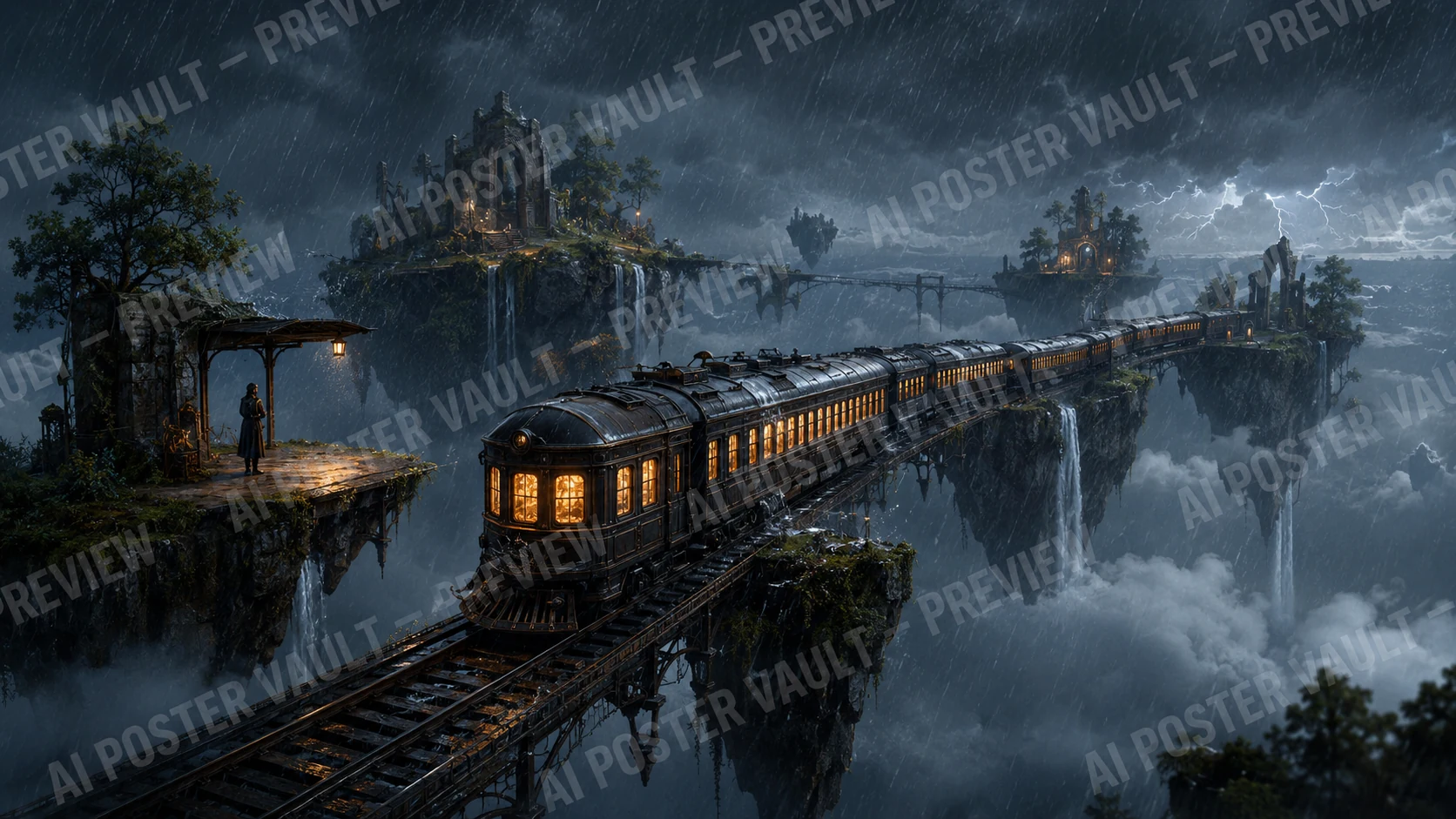 A glowing vintage train crossing a bridge between floating islands with waterfalls during a stormy monsoon night with lightning in the sky