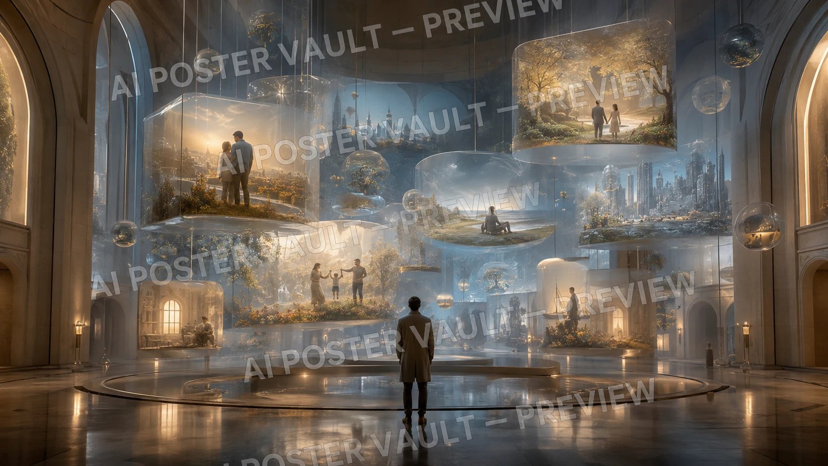 A man standing in a grand hall surrounded by floating glass memory displays showing scenes of families and futuristic cities
