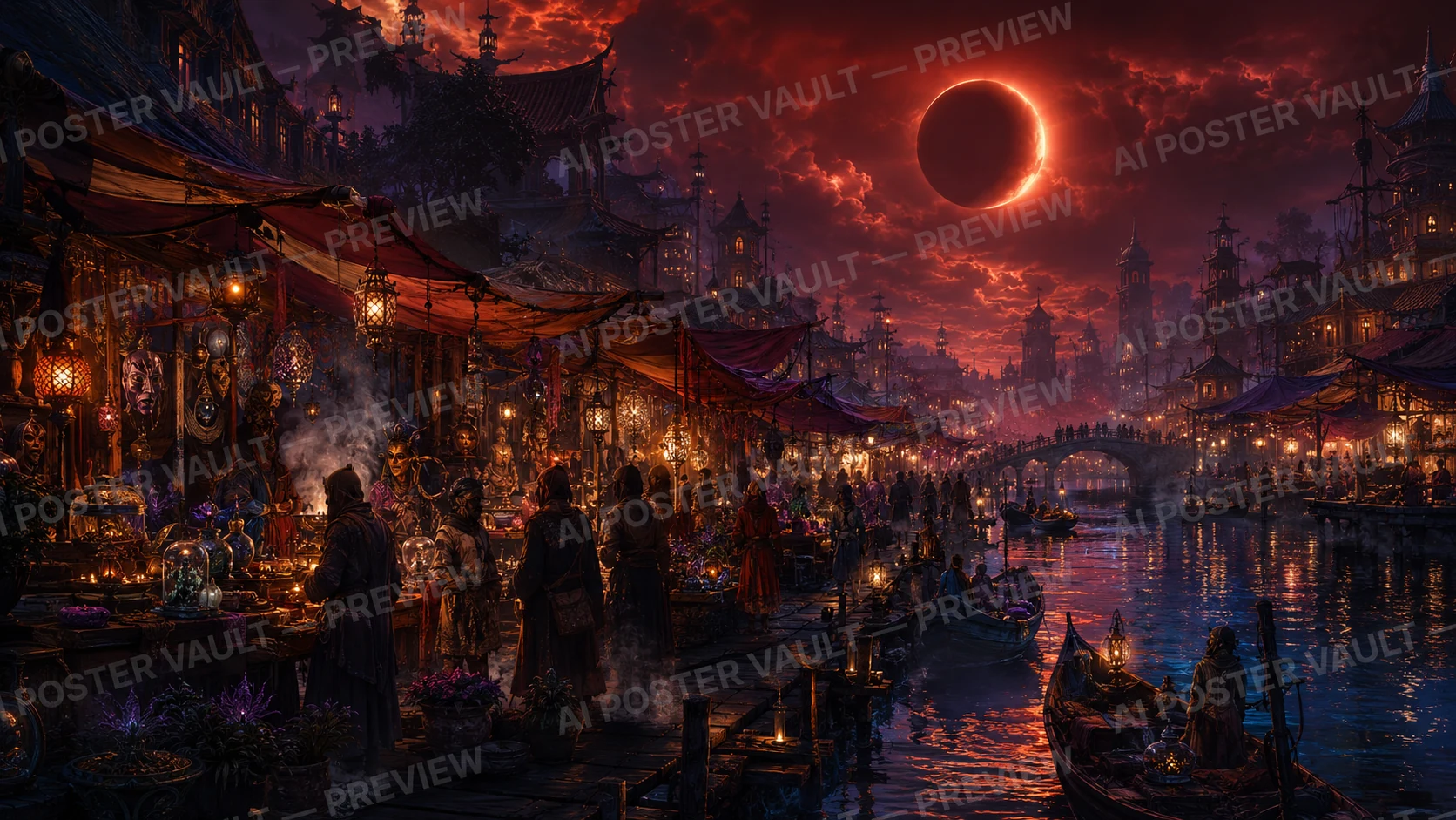 A crowded lantern-lit riverside night market with masked stalls and boats beneath a deep red sky and a total lunar eclipse
