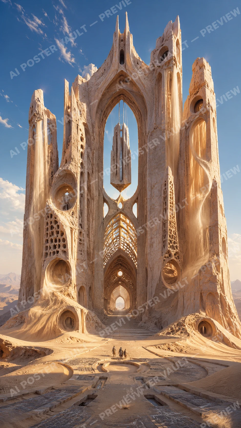 Monumental cathedral-like sandstone spires shaped by desert wind, with three small figures approaching along a stone path