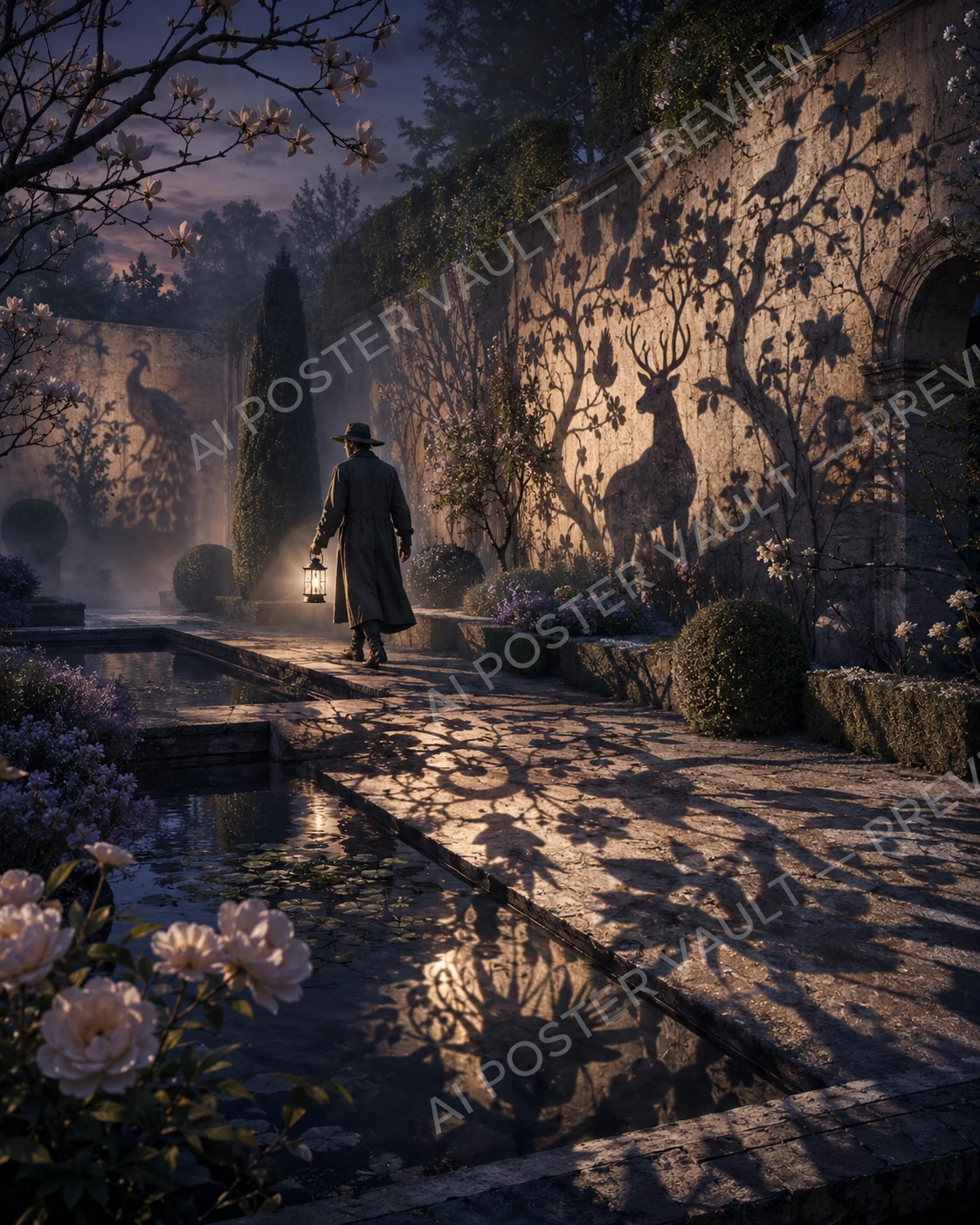 A lantern-carrying figure walking past a stone garden wall where shadows cast by unseen light form the shapes of a peacock, deer and blooming flowers