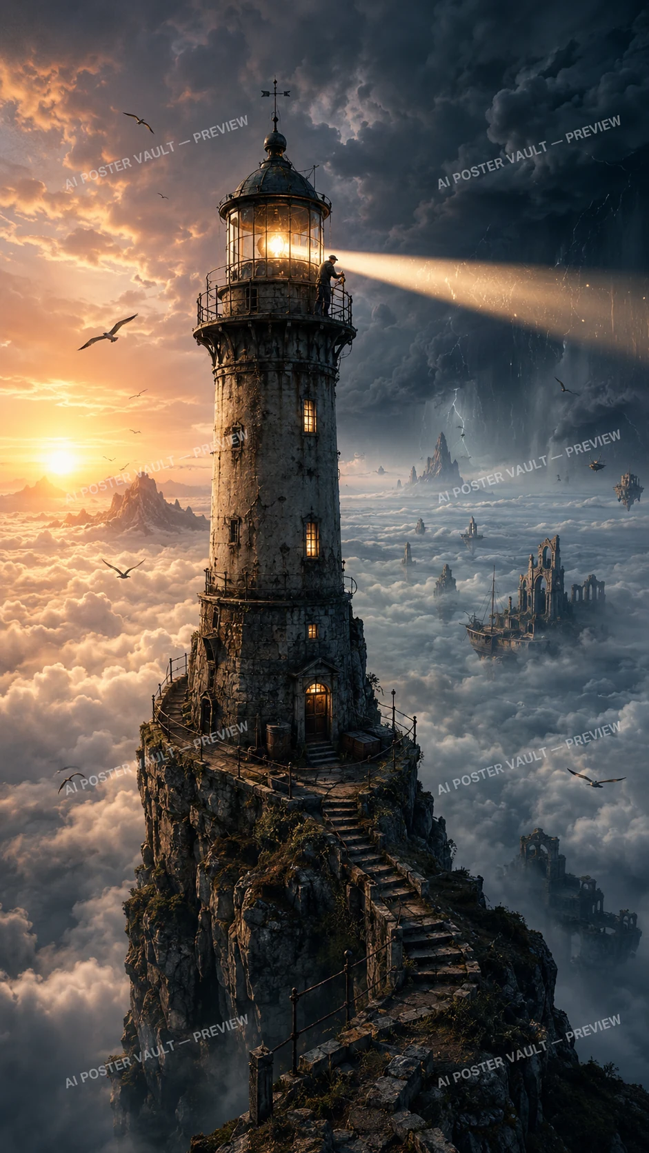 A weathered stone lighthouse on a cliff above an endless sea of clouds, its beam sweeping toward distant floating ruins under a stormy sky