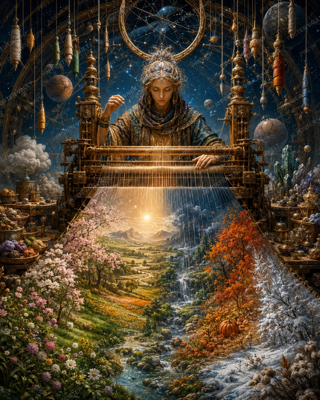 A celestial weaver at an ornate golden loom under a starry sky, weaving a landscape that transitions from spring blossoms through autumn leaves to winter snow