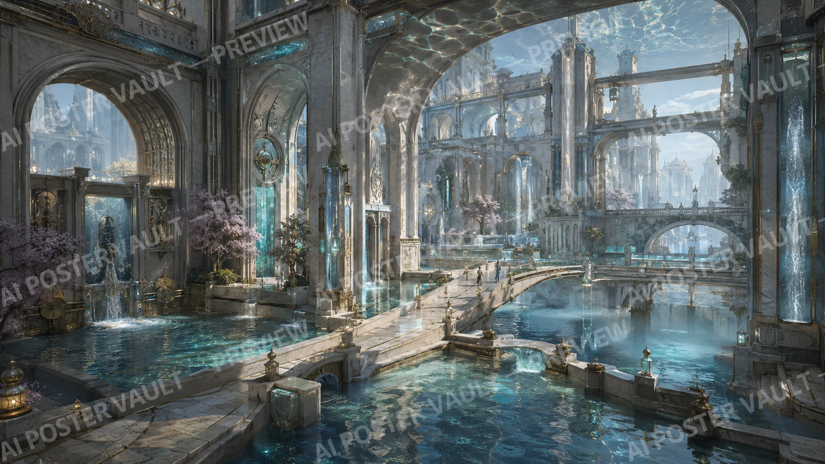 An elegant marble palace built around canals, fountains and reflecting pools with arched bridges and cherry blossom trees