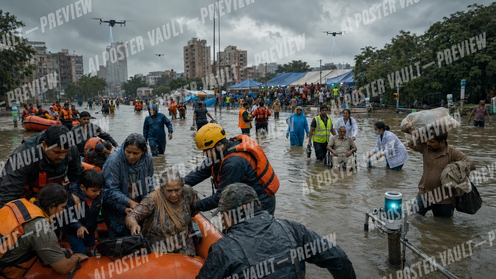 Rescue workers guiding residents through floodwater on inflatable boats while aerial drones and a sensor unit coordinate the response in an Indian city