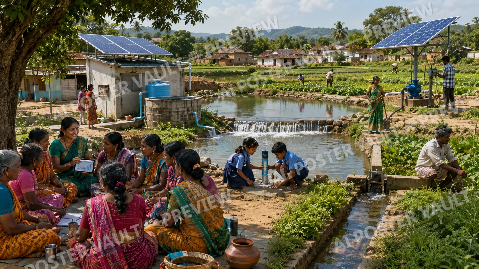 A group of Indian women reviewing water data on a tablet beside a solar-powered village pond while children use a smart water station and farmers work nearby fields