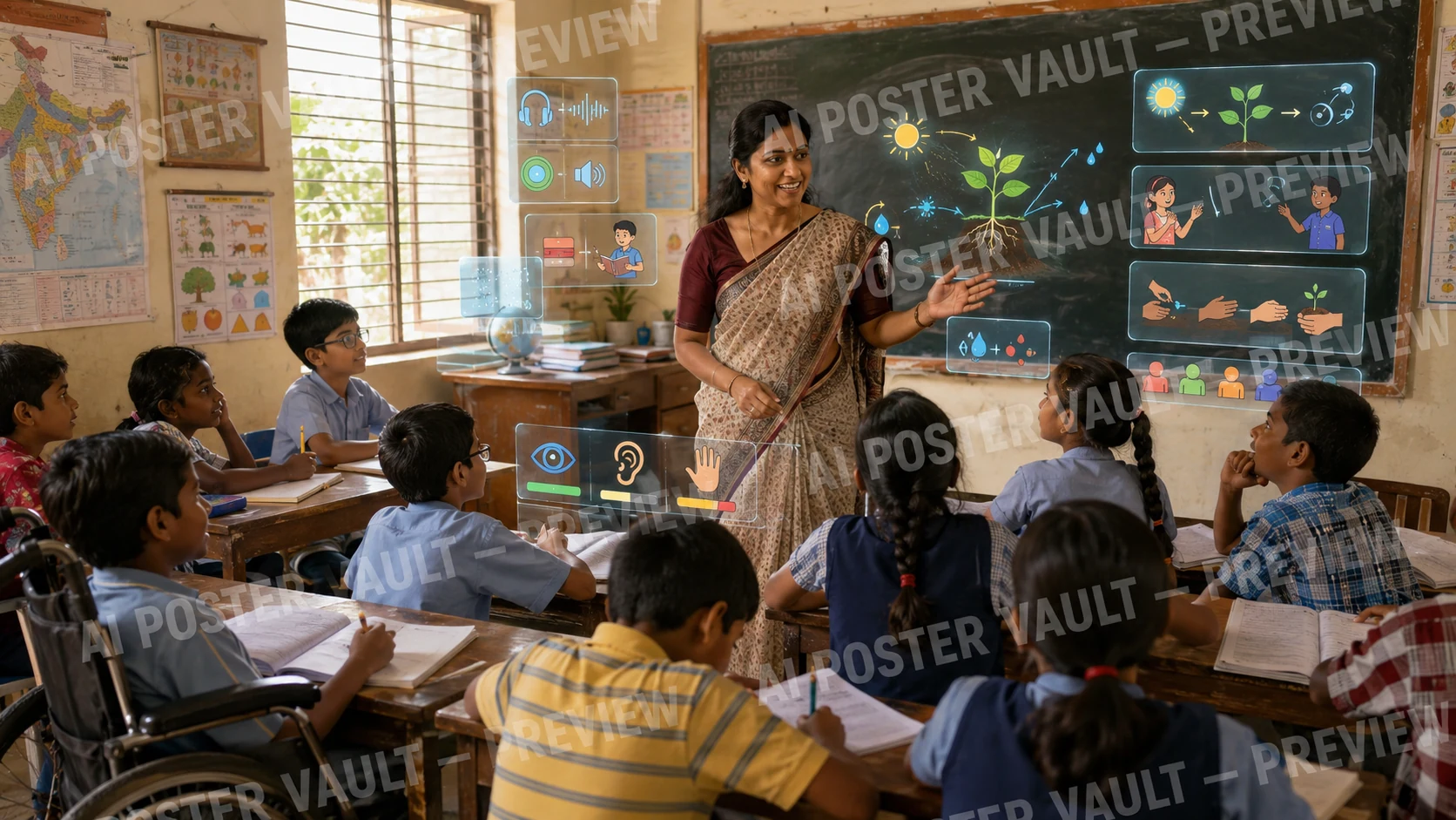 An Indian teacher explaining a plant-growth diagram to a diverse classroom of students, supported by discreet translucent AI panels showing audio, sign language and accessibility icons