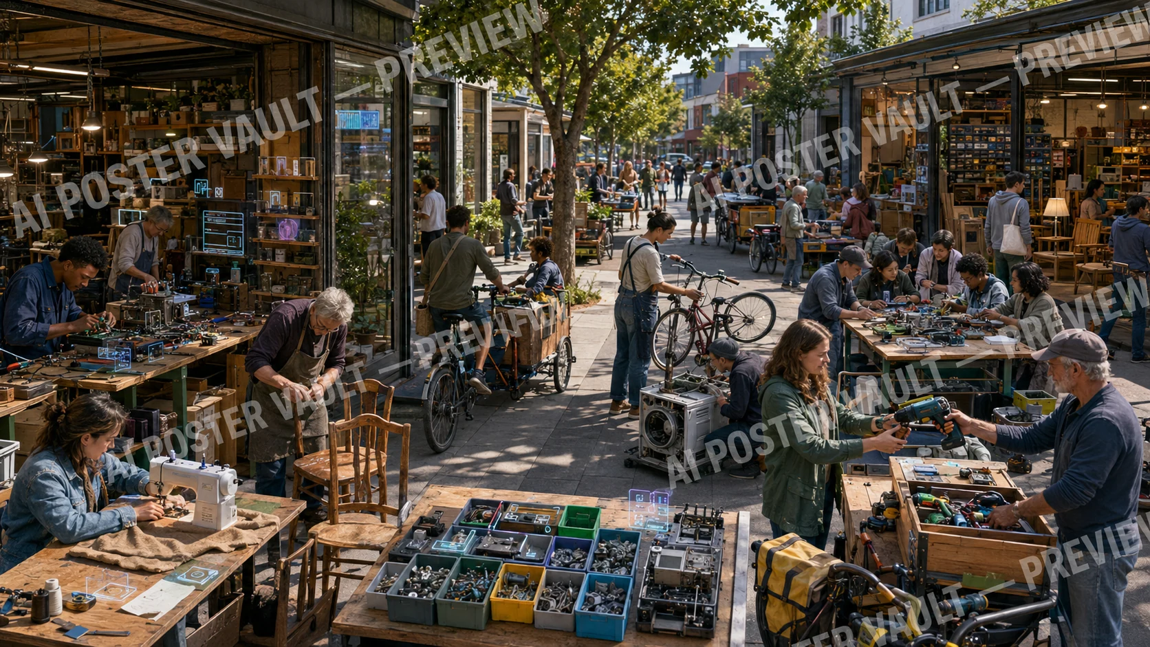 A busy open-air street lined with workshops where people repair electronics, bicycles, furniture and clothing using reused parts and tools