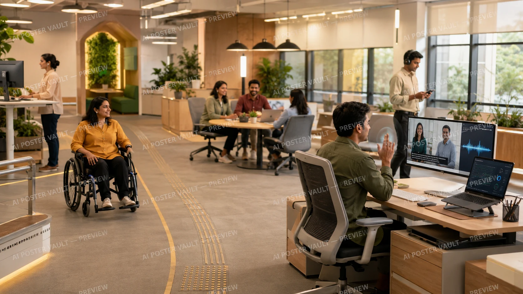 A modern Indian open-plan office with a woman using a wheelchair on a tactile guide path and a colleague on a video call with live captions