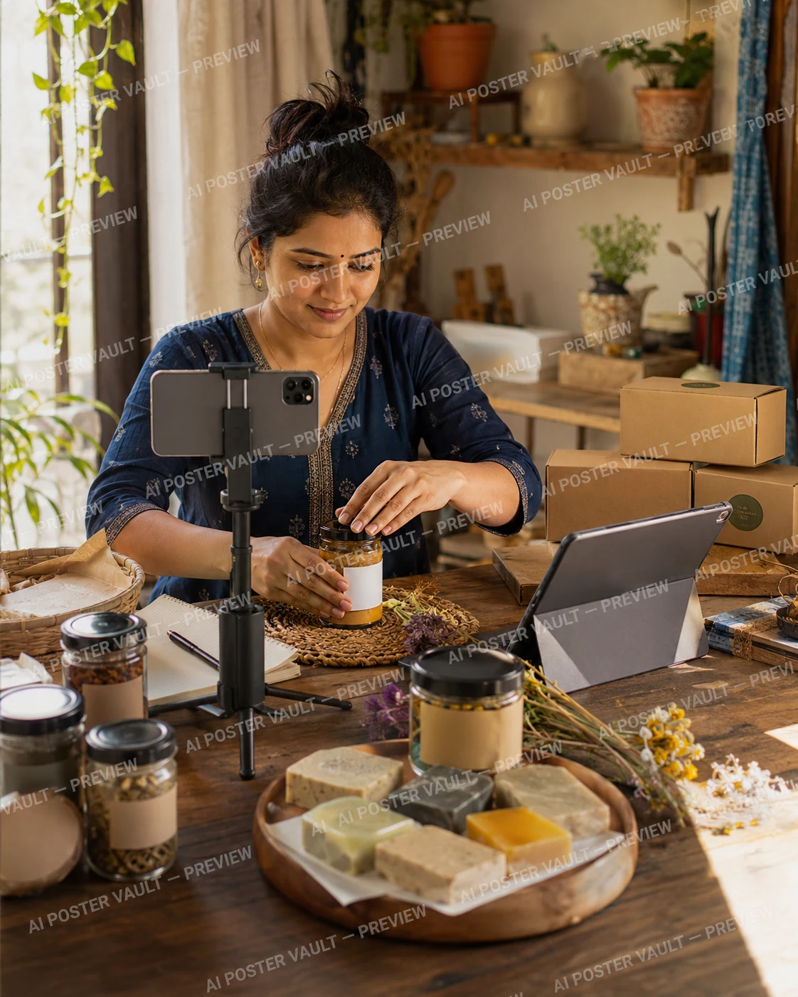 Indian home entrepreneur filming a phone video of handmade soaps and jars for her small business brand