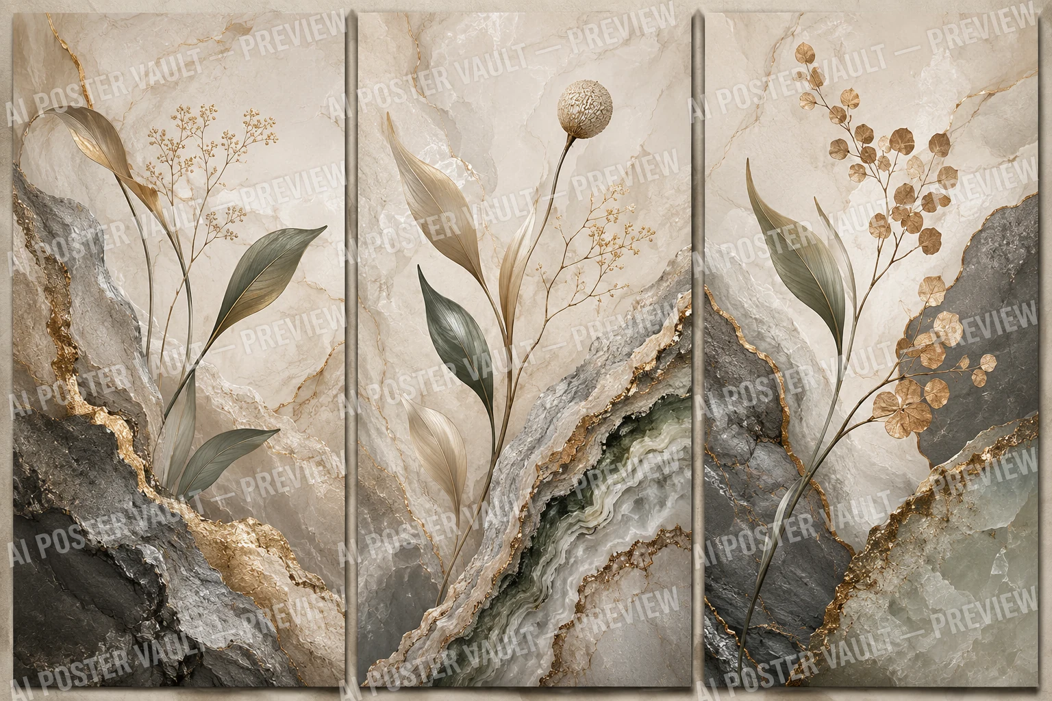 Three-panel luxury wall art triptych of botanical leaves and branches over grey and gold veined marble