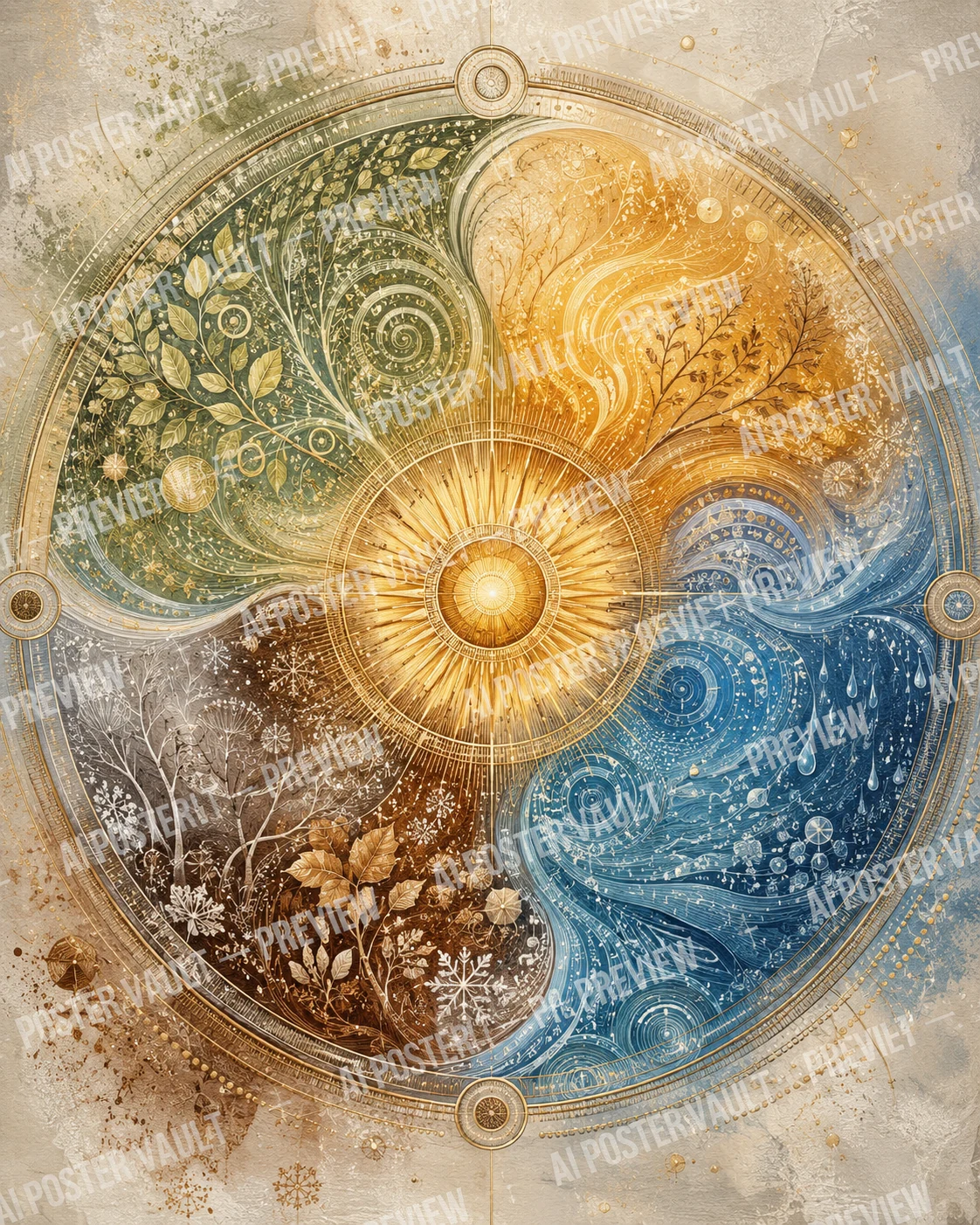 Circular solar mandala divided into four seasonal quadrants of spring leaves, summer gold, monsoon blue and winter frost around a radiant sun